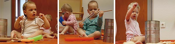 Paneel mit drei Bildern von Kleinkindern, die heuristisches Spiel mit Alltagsgegenständen spielen