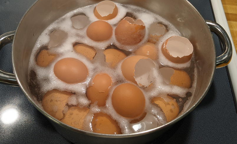 Leere Eierschalen, die in Seifenwasser gewaschen werden