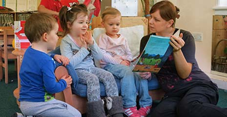Teacher reading a book to a group of toddlers