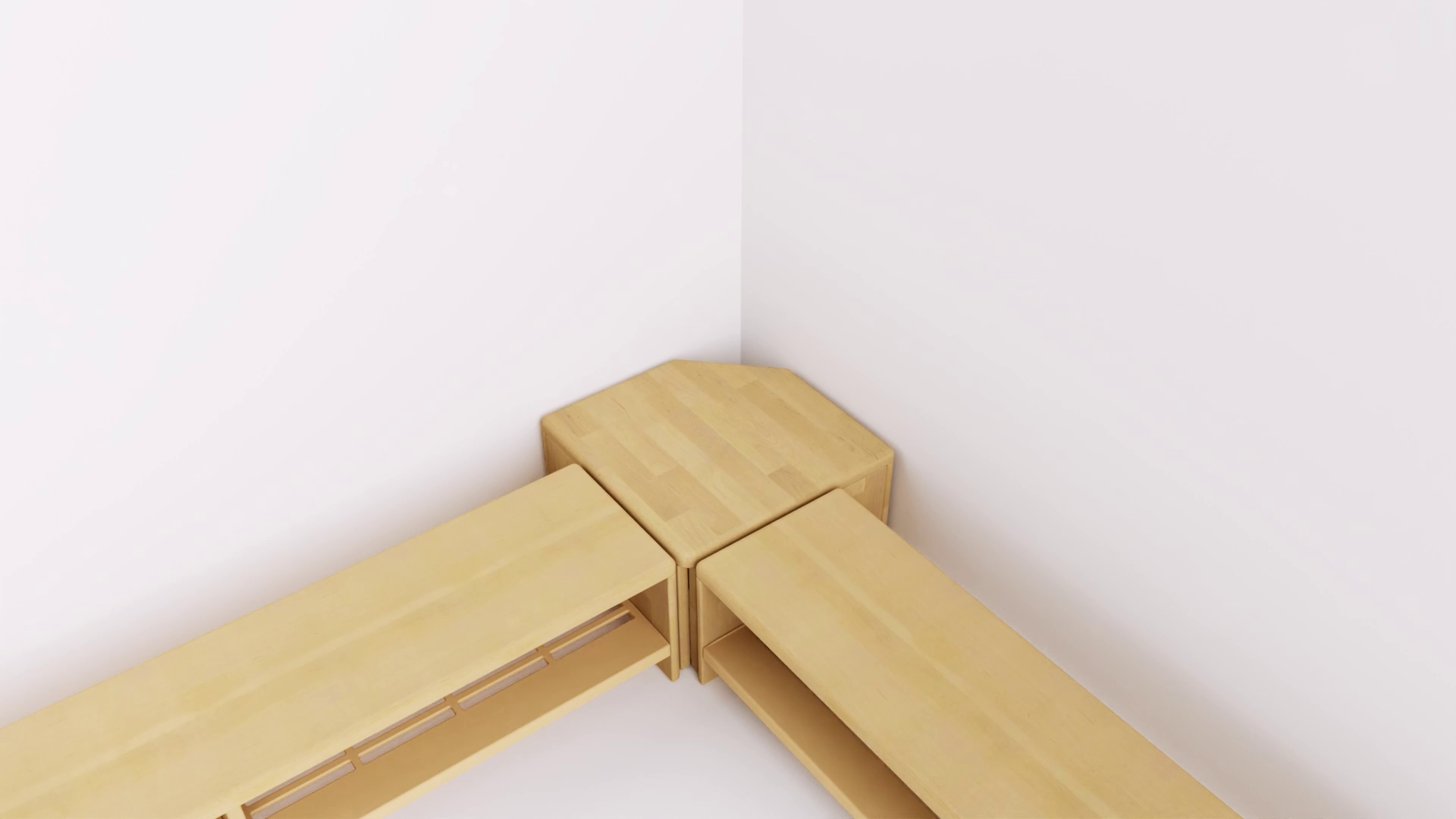 Eine helle Eckbank aus Holz mit zwei daran befestigten Bänken, die sich nach außen erstrecken, vor einer weißen Wand.