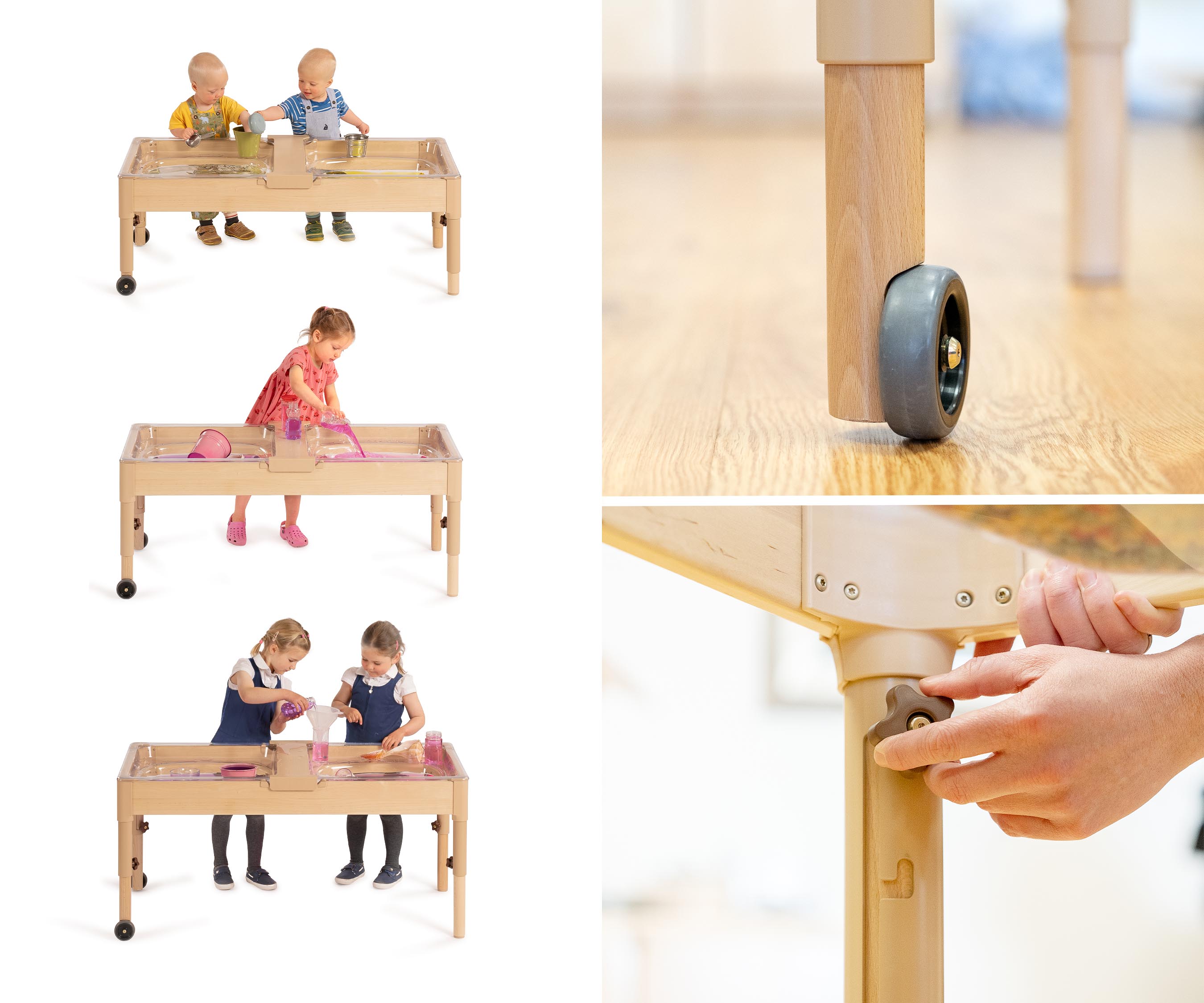 Eigenschaften der Beine kleinen Sand- und Wassertisches mit beiger Wanne