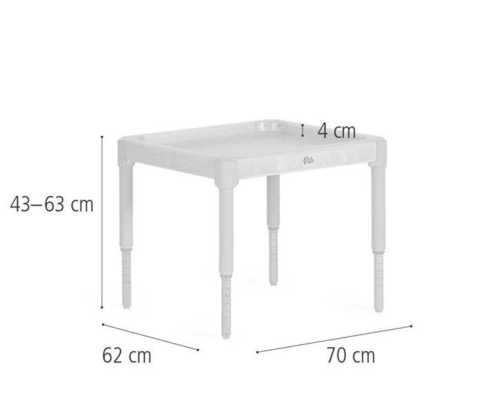 Abmessungen des Sinnestisches ohne Tischplatte mit mittleren verstellbaren Beinen D413