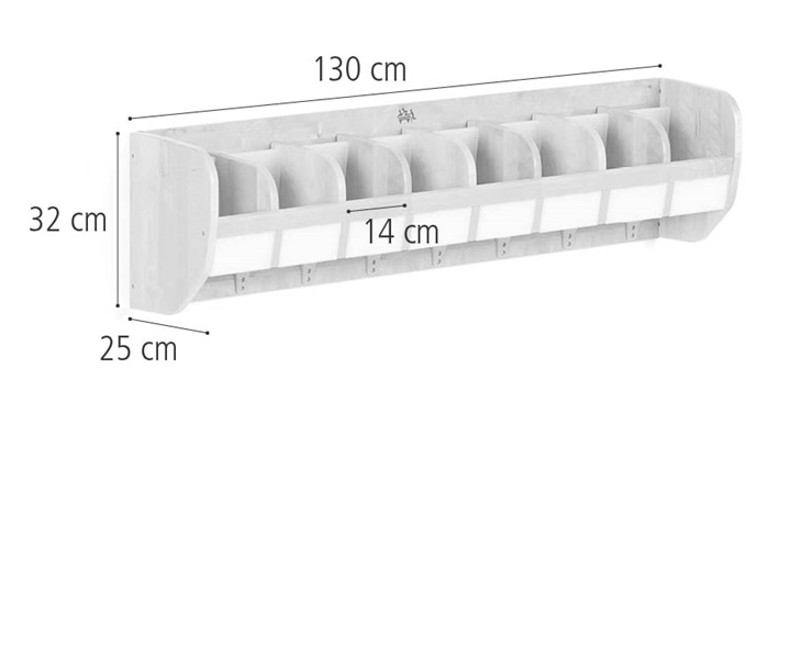 Abmessungen der Garderobenablage mit Haken 8, 130 cm