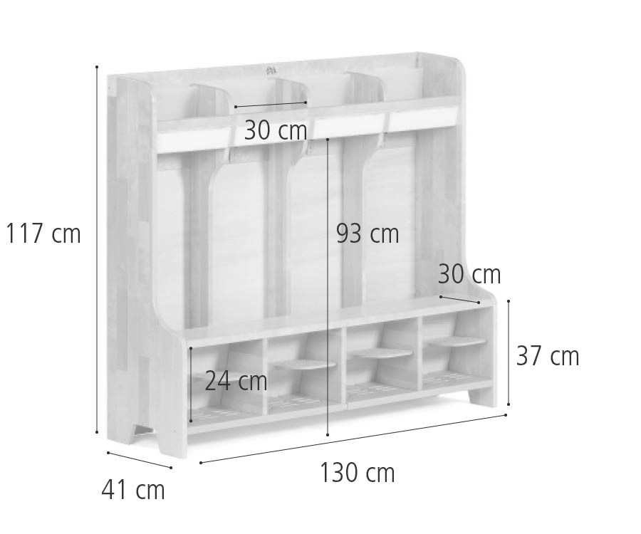 Abmessungen der Premium Garderobe mit Rückwand 4, 130 cm
