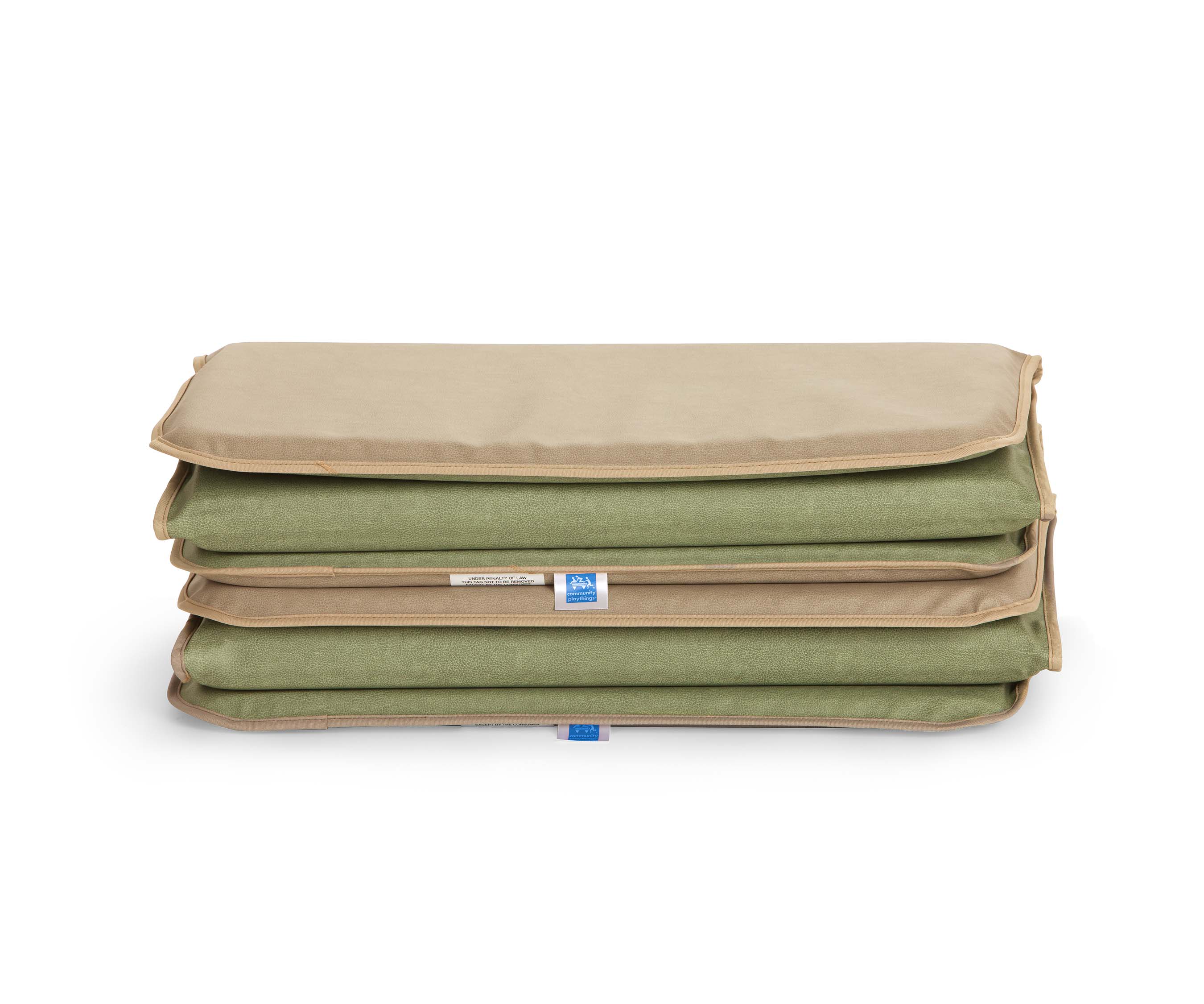 Two stacked rest mats with the manufacturer's tags showing