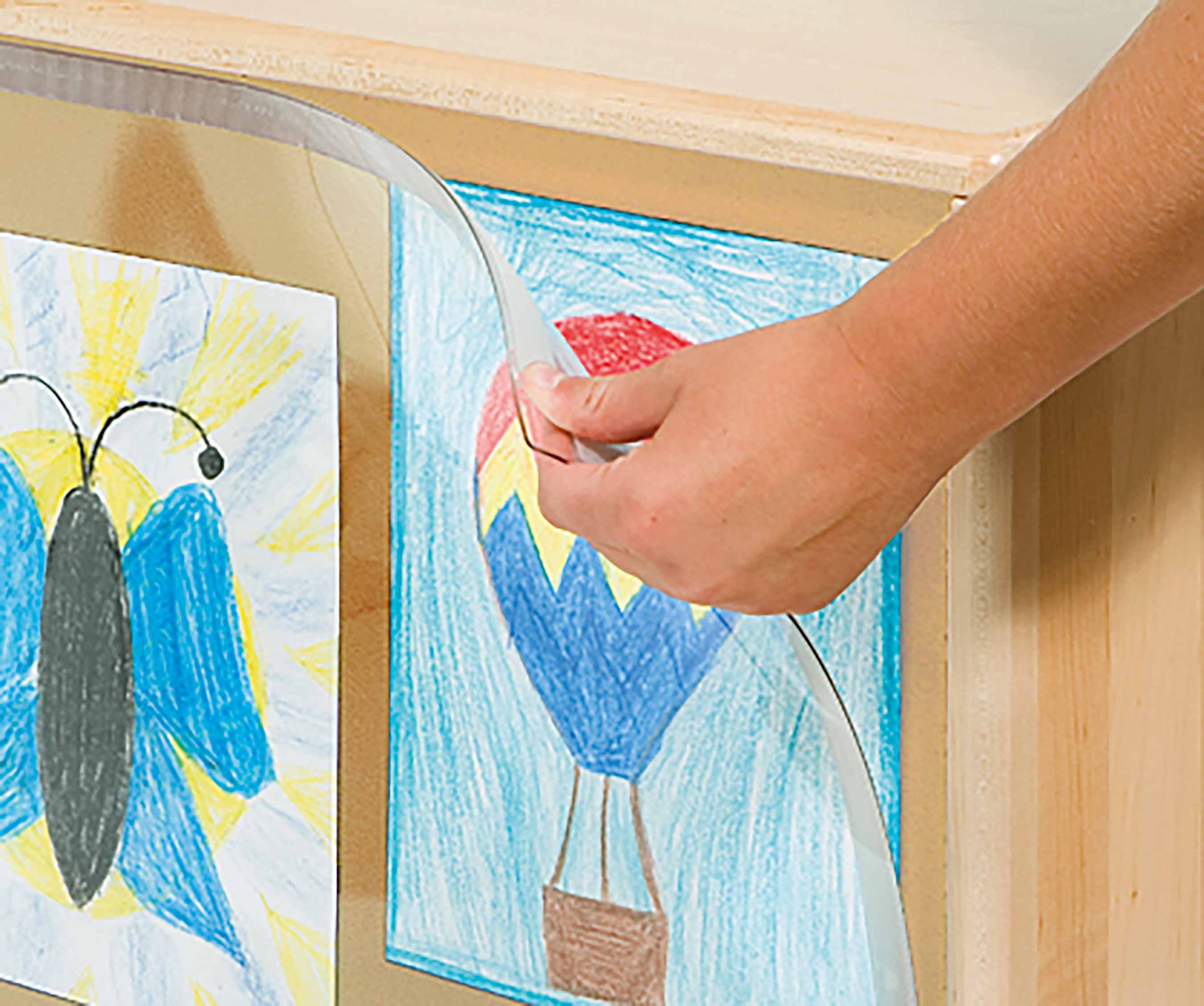 A clear cover is attached to a shelf back, protecting two pictures