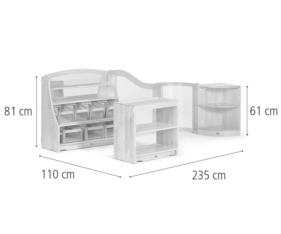 Furniture set up as a science area with dimensions written in.