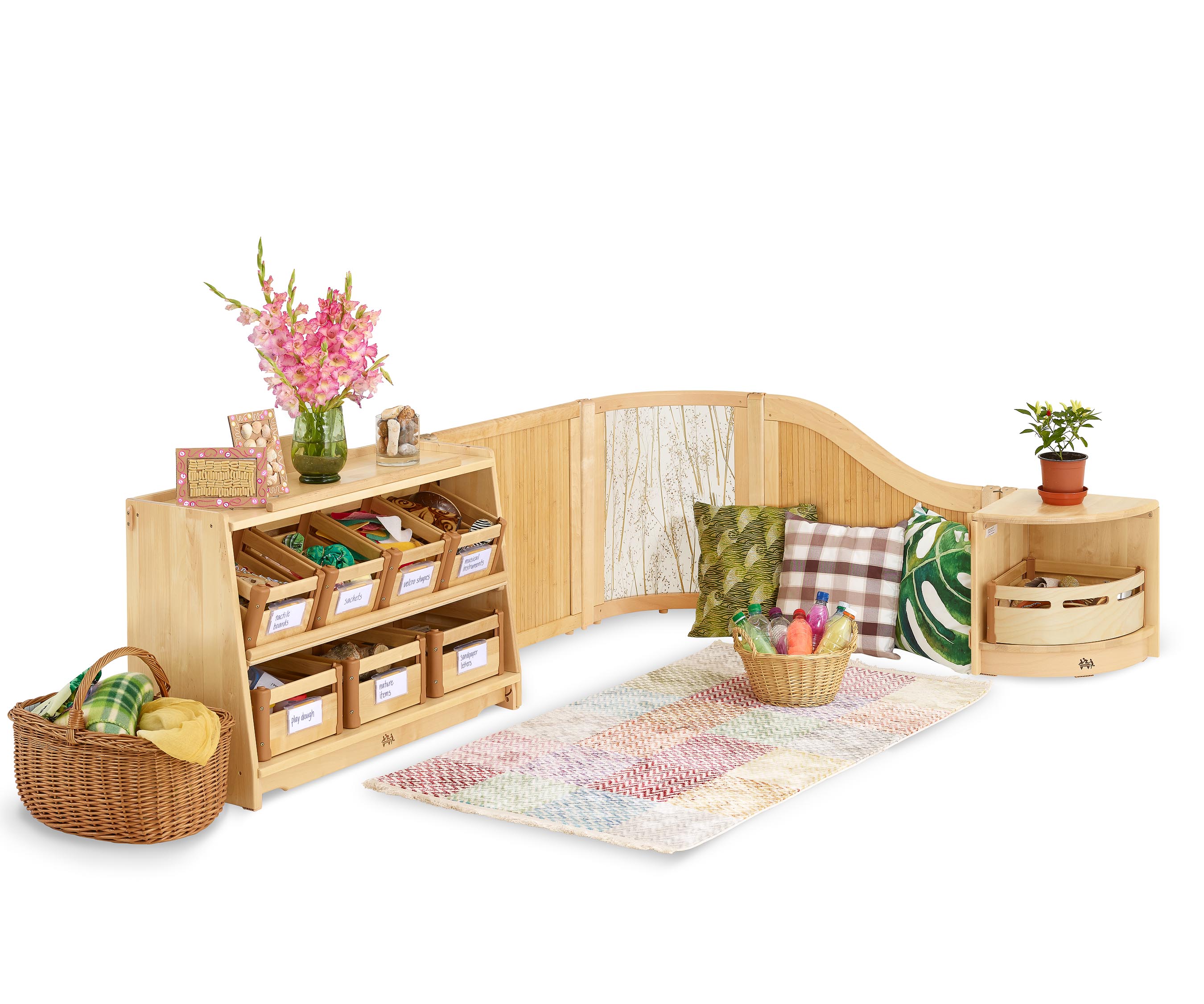 Natural wood sensory area with storage shelves for Montessori, Reggio or EYFS classroom.