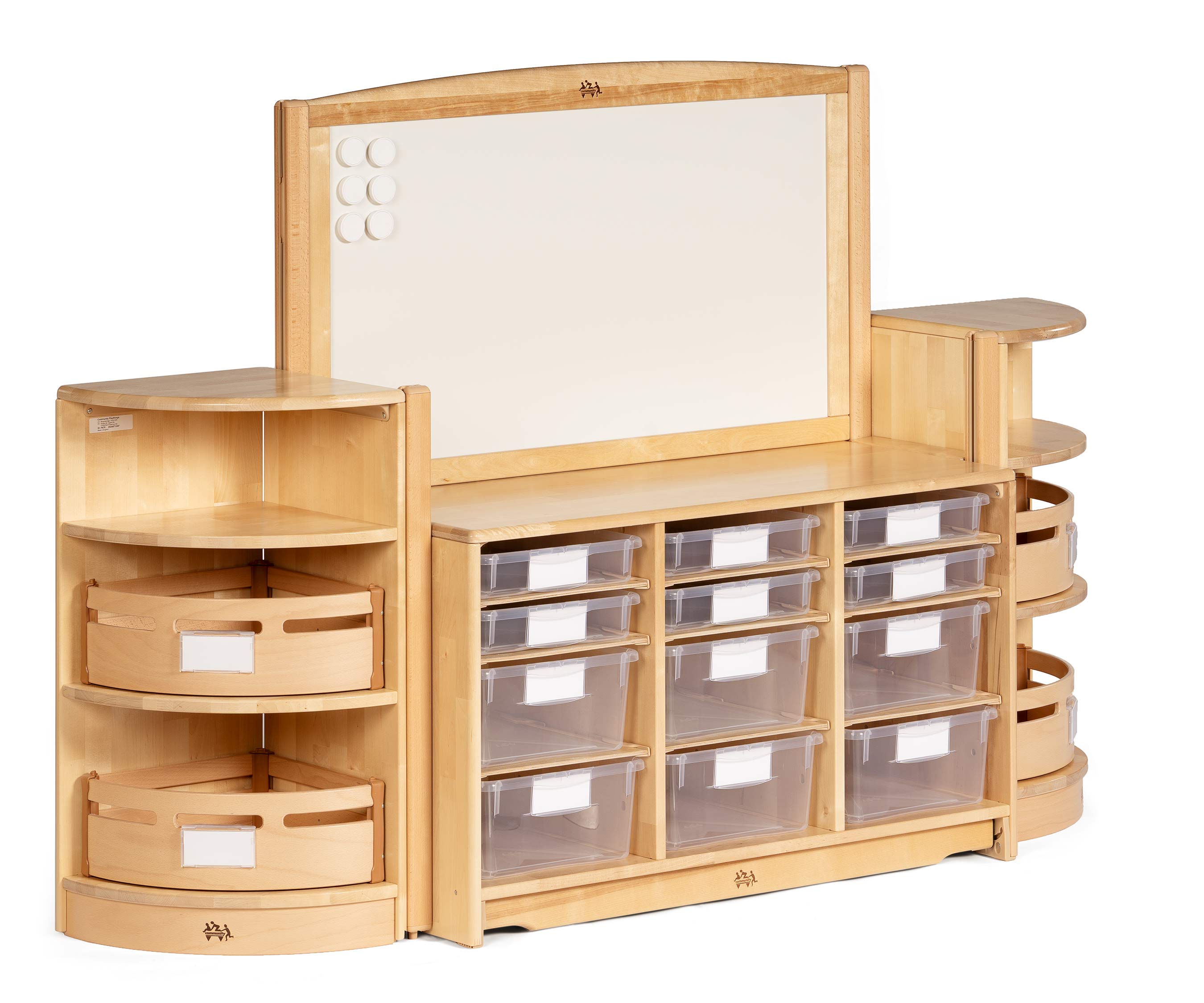 A solid wood display shelf with clear trays.