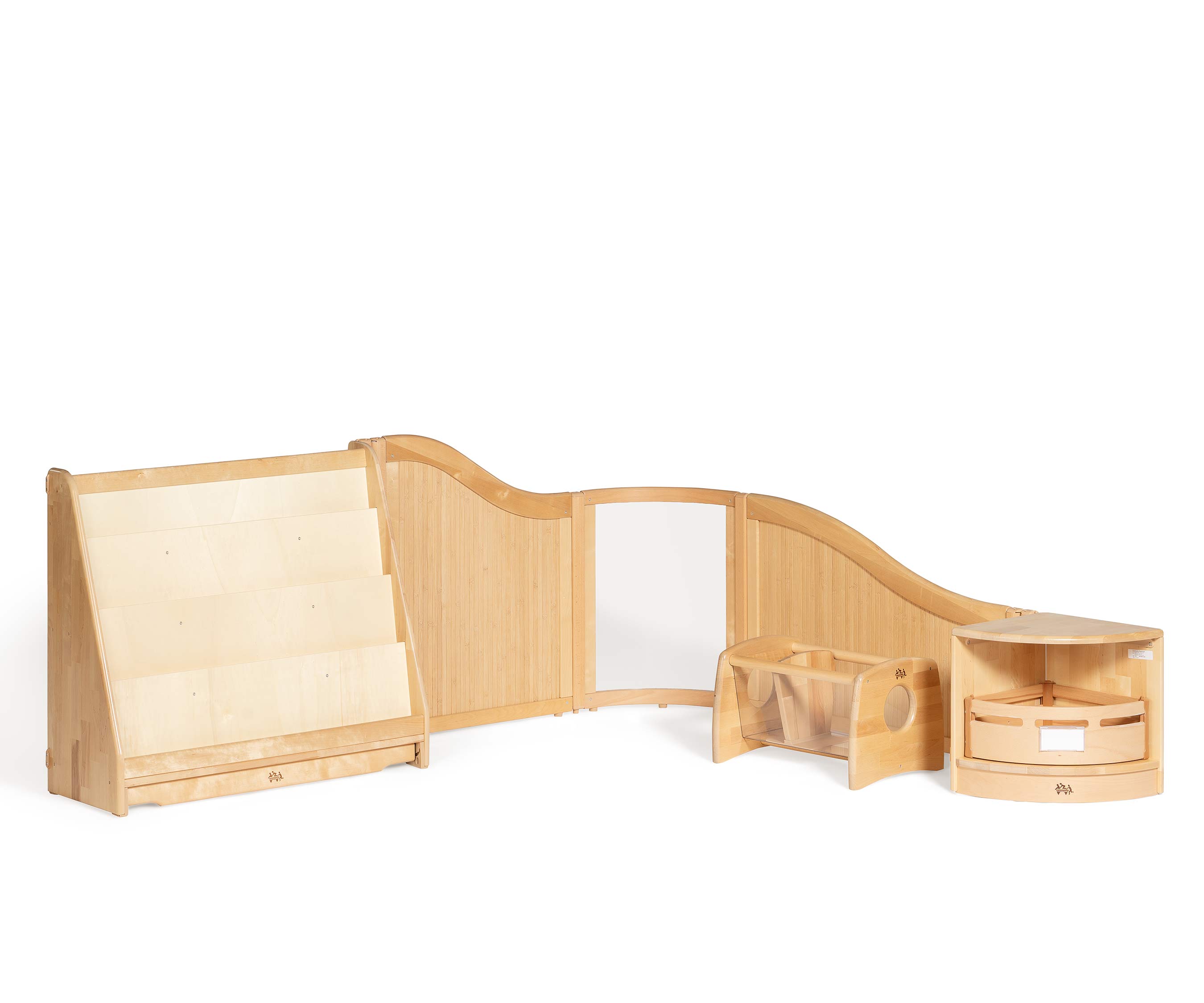 A toddler reading area with a book display shelf and book holder.