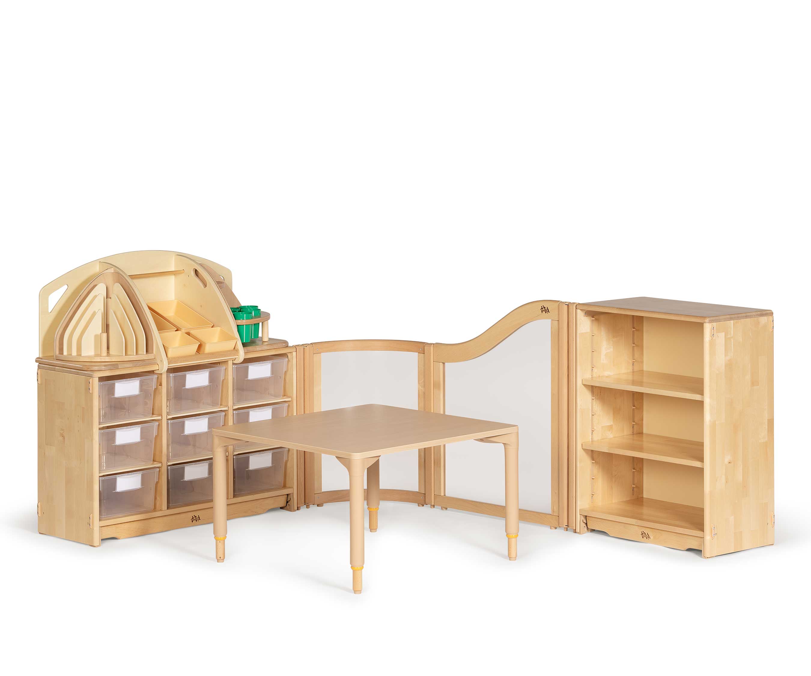 An art and creative area with a table and two storage shelves.