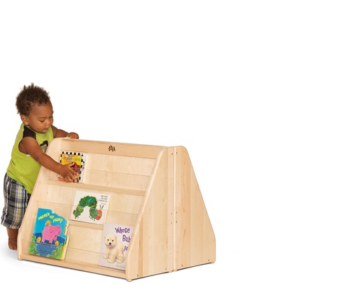 board books for toddlers placed on a sturdy solid wood book display case for nursery settings