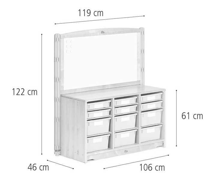 Abmessungen von Materialregal 106 x 61 cm mit Materialboxen, Paneel und Pfosten