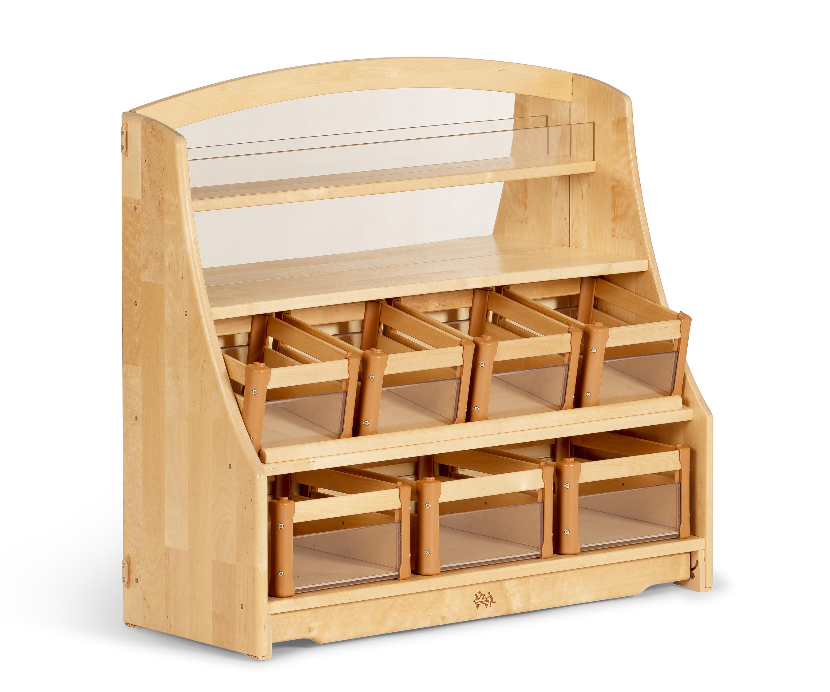 Entdeckerregal mit klaren Holzkästen