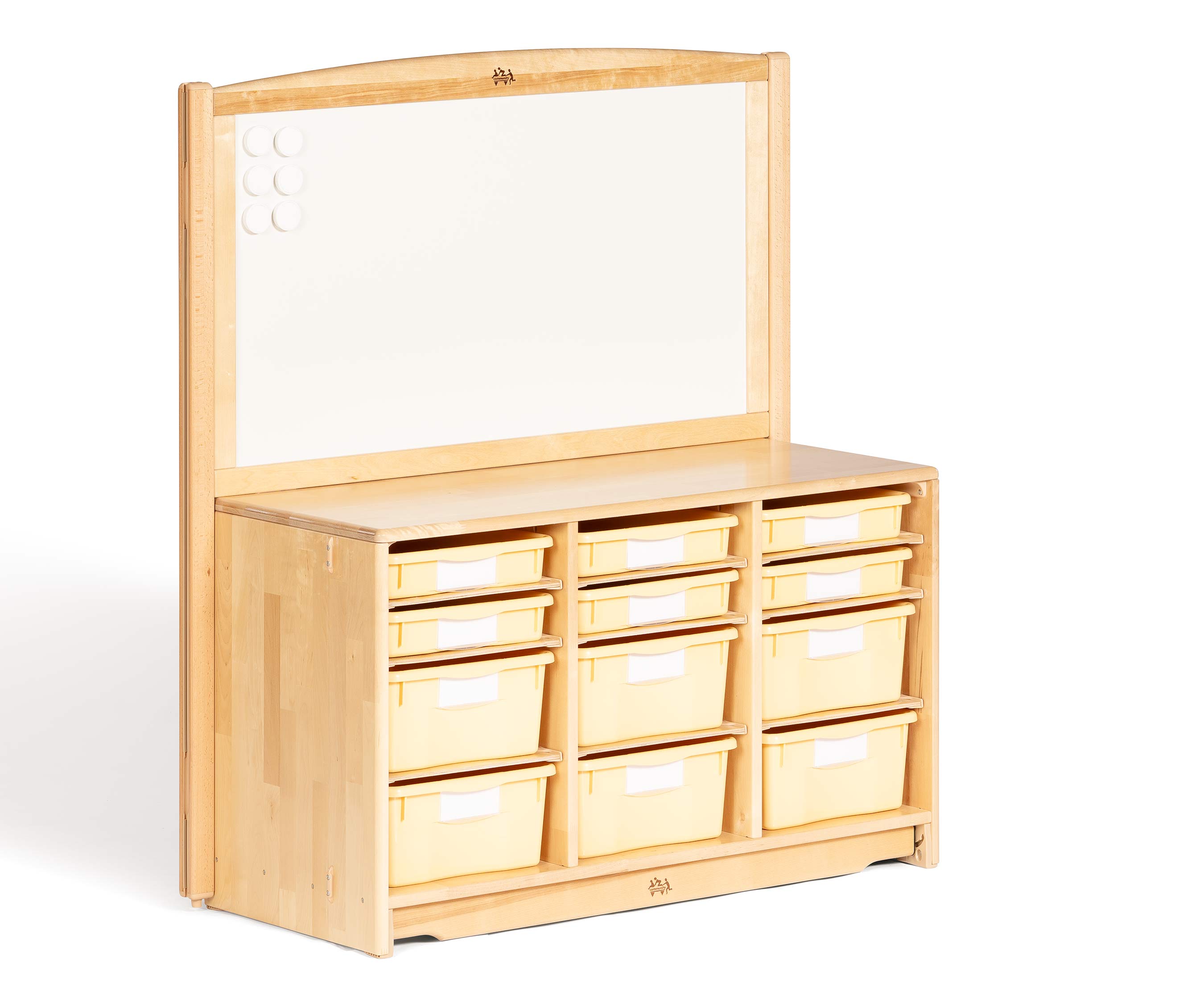 Storage shelf with cream trays and a display board and whiteboard.