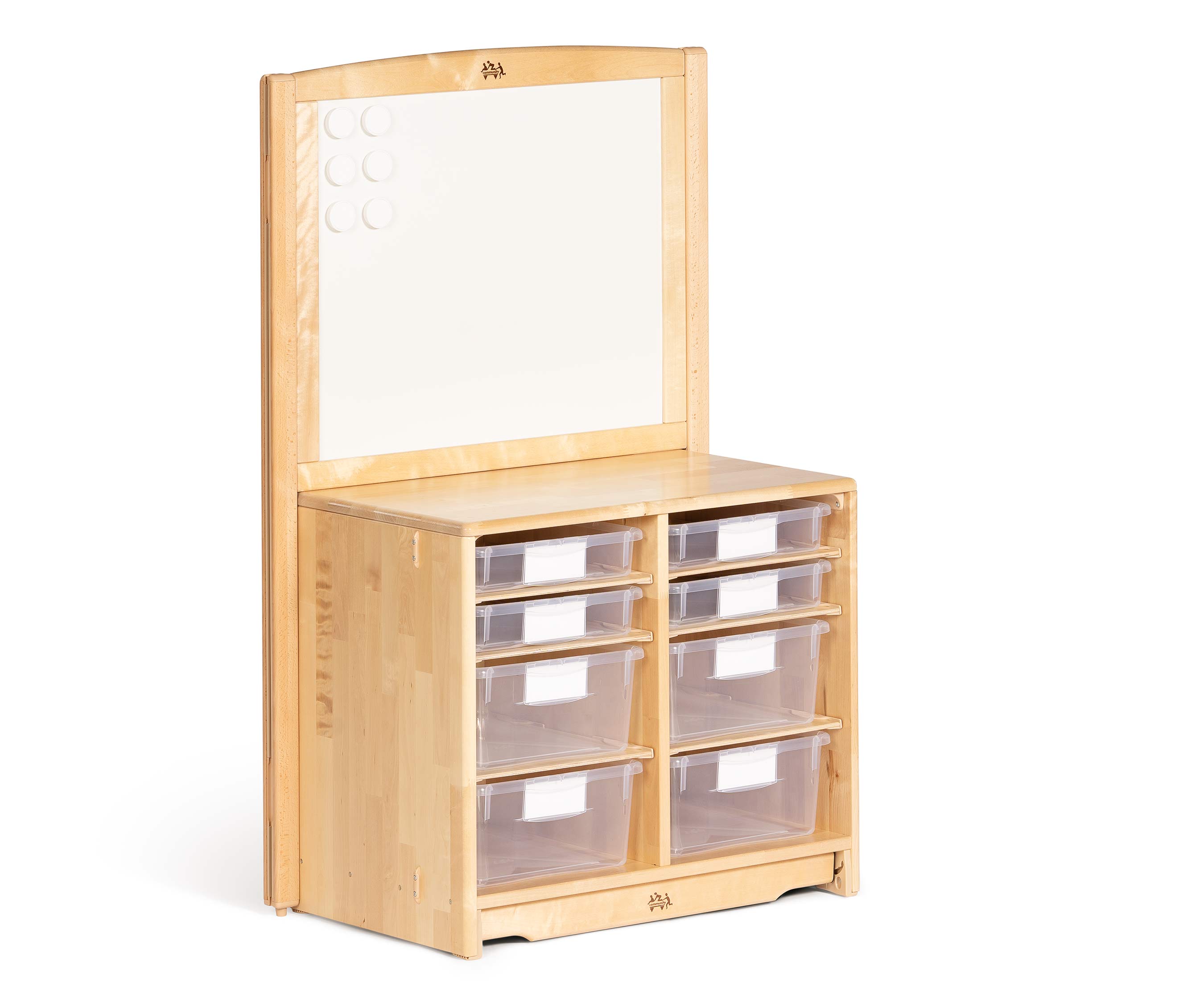 A small display shelf with clear trays for storage.