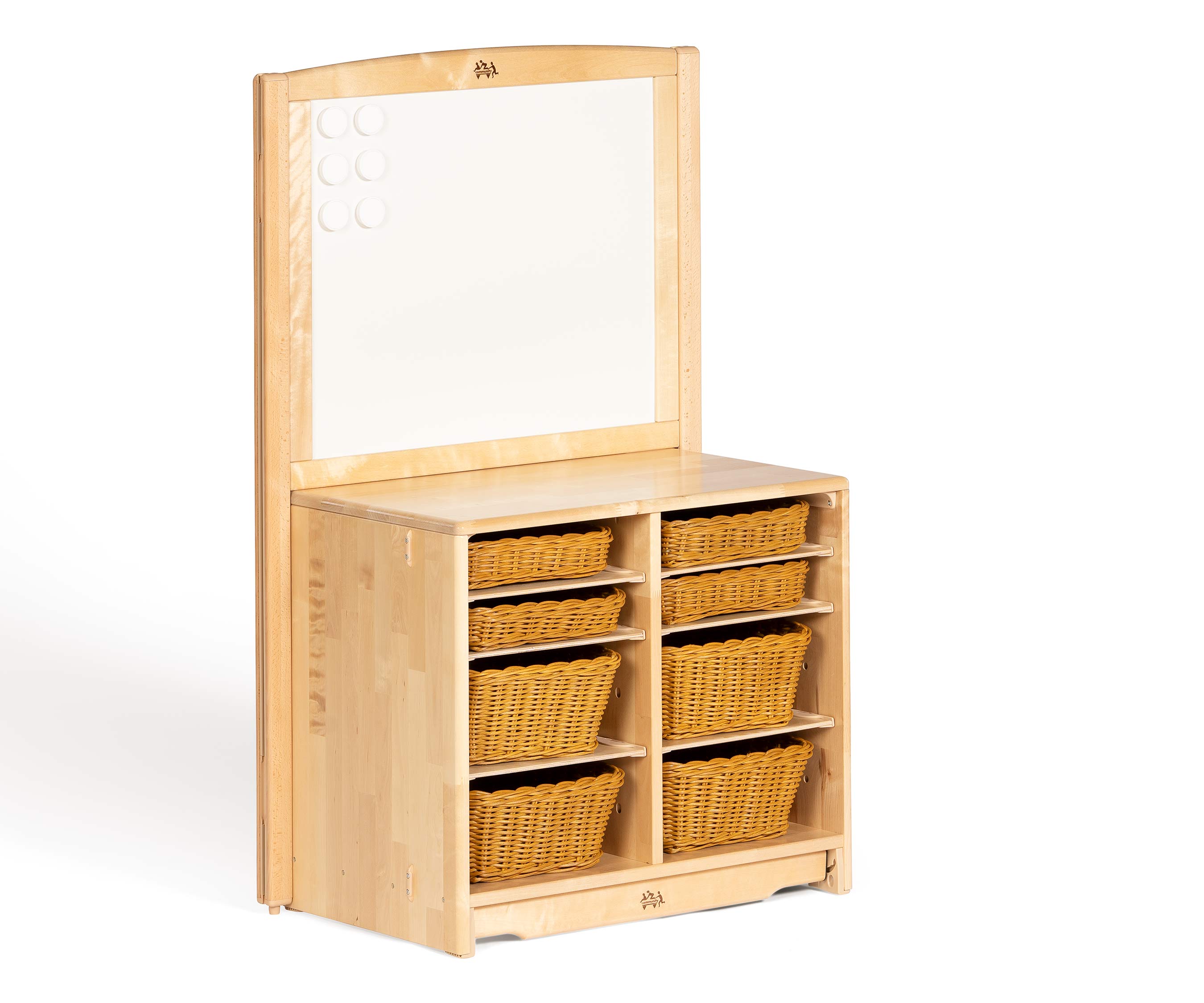 shelf with display and storage baskets for nurseries and schools.