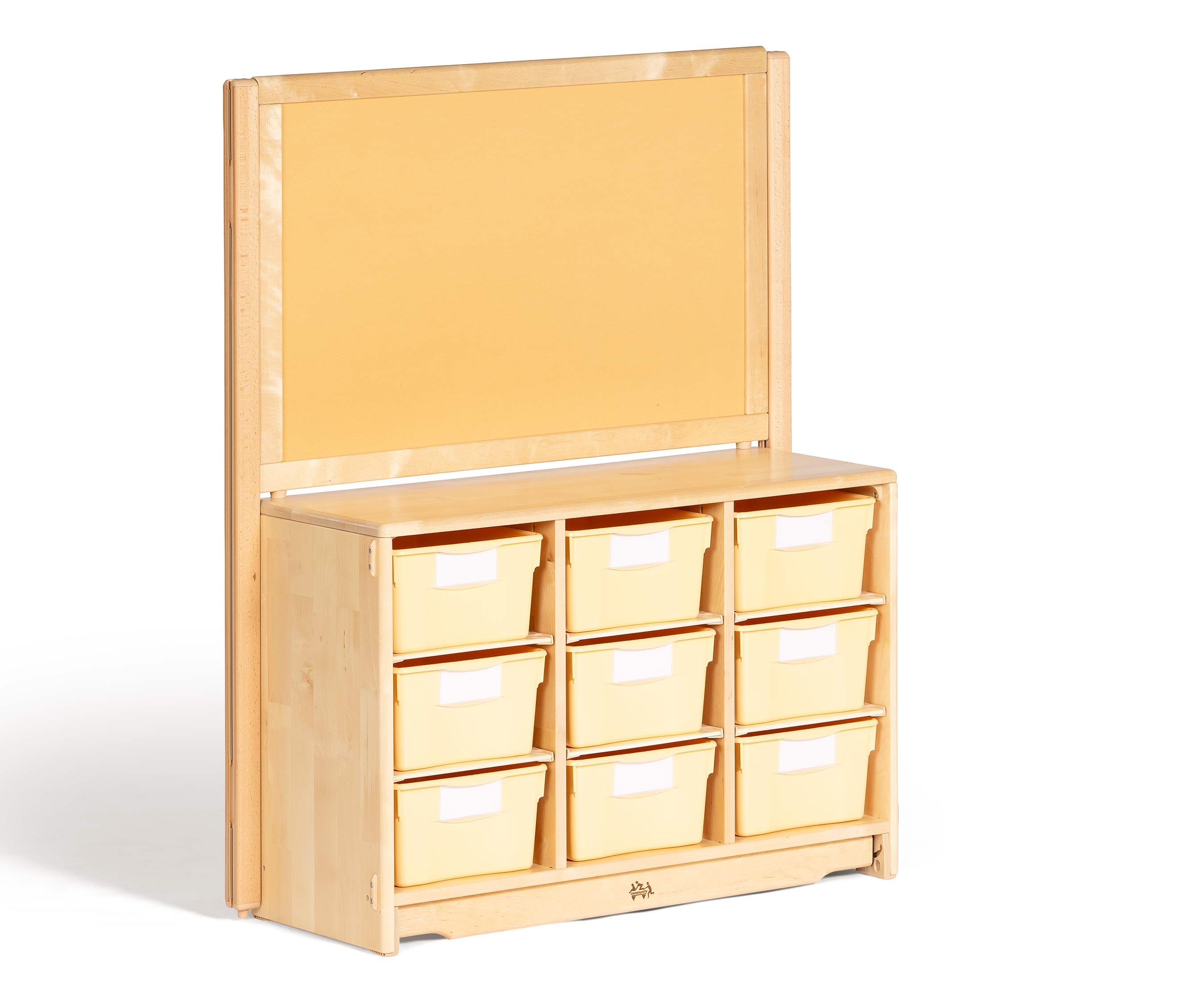 Solid wood storage shelf with 9 cream trays and a display board and whiteboard.