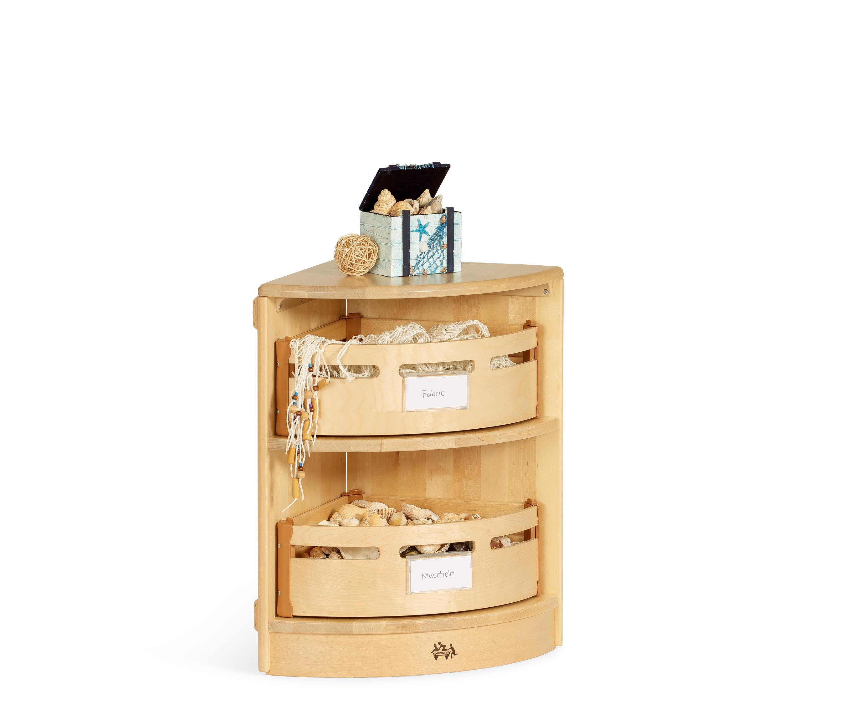 A corner shelf with a box of shells on top