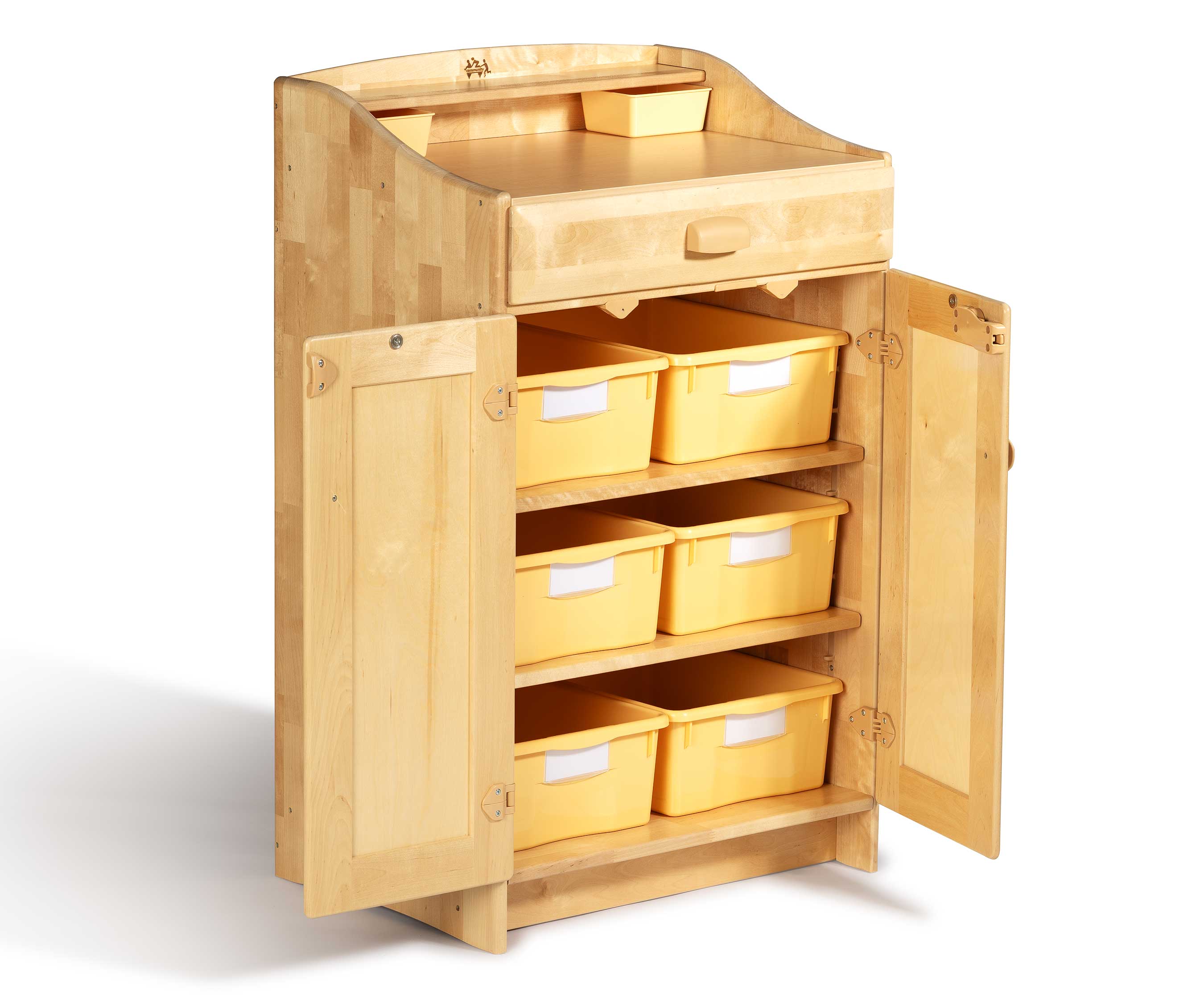 Geöffnetes Stehpult mit Materialboxen