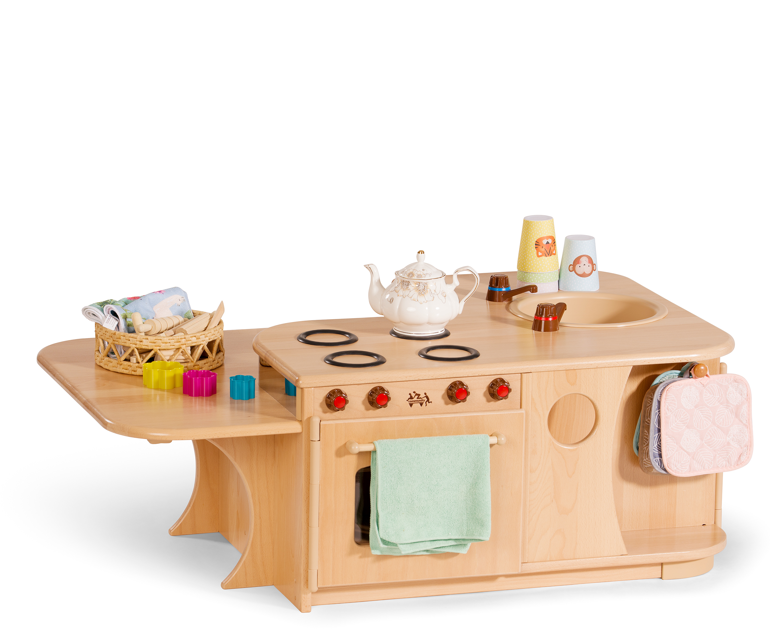 The Low Kitchen Island home corner play piece with role play items on it