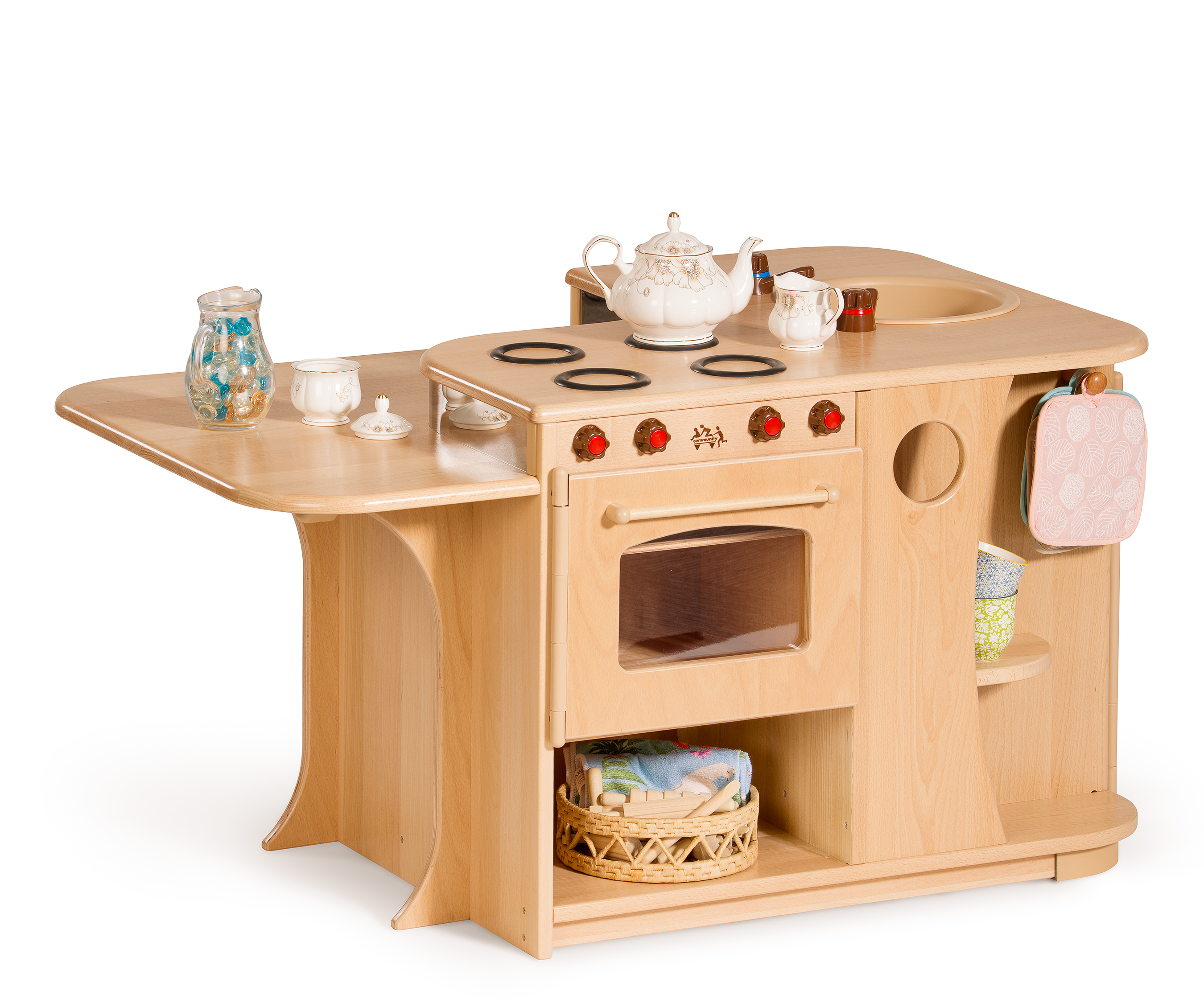 Front view of the High Kitchen Island, with home corner items on it