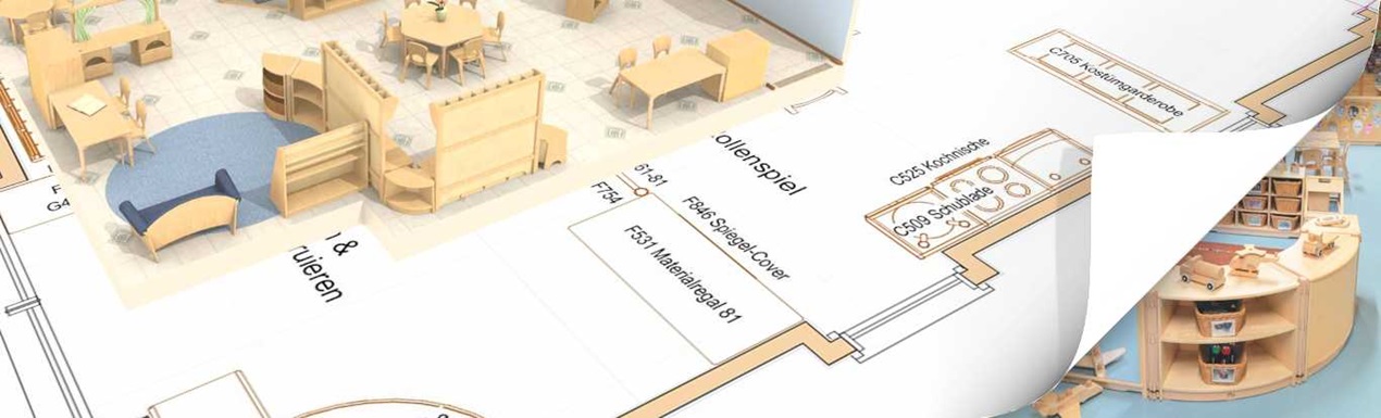 Ein zwei- und ein dreidimensionaler Raumplan und ein Raum in einem Kindergarten in einem Bild vereint