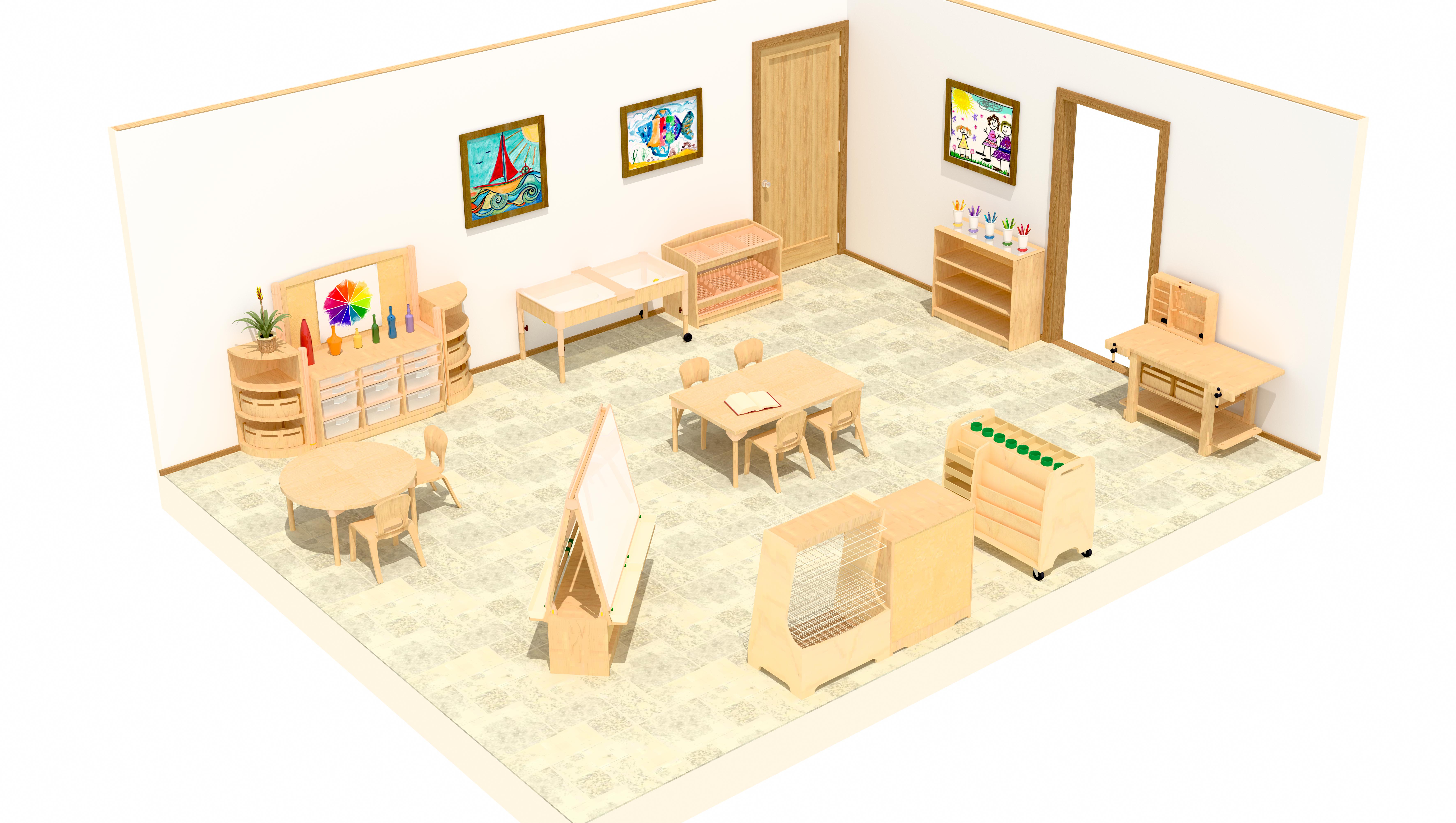 Dreidimensionaler Raumplan eines Ateliers oder einer Lernwerkstatt für Kinder