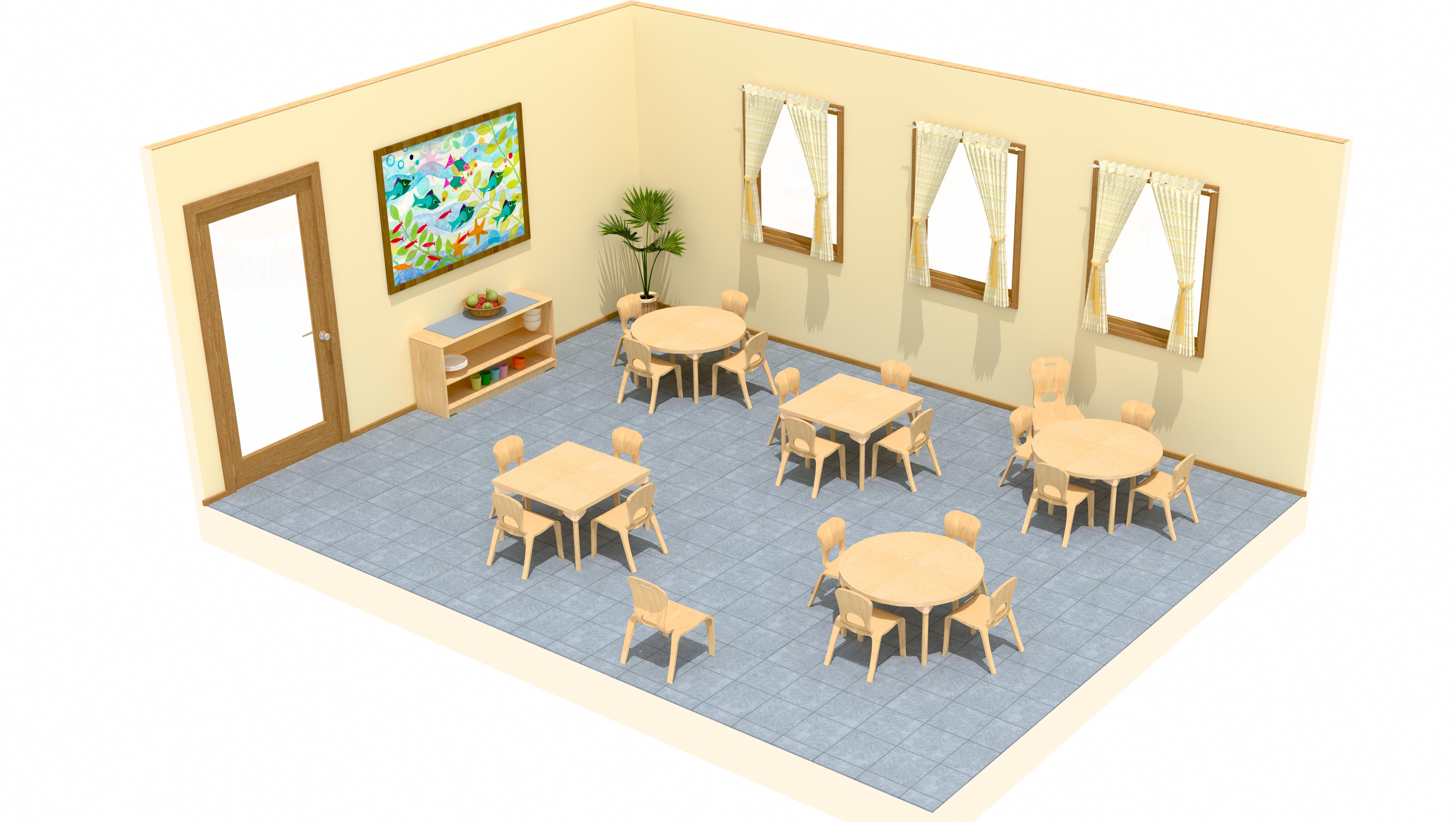 Dreidimensionaler Raumplan eines Essraums (B) für Kinder