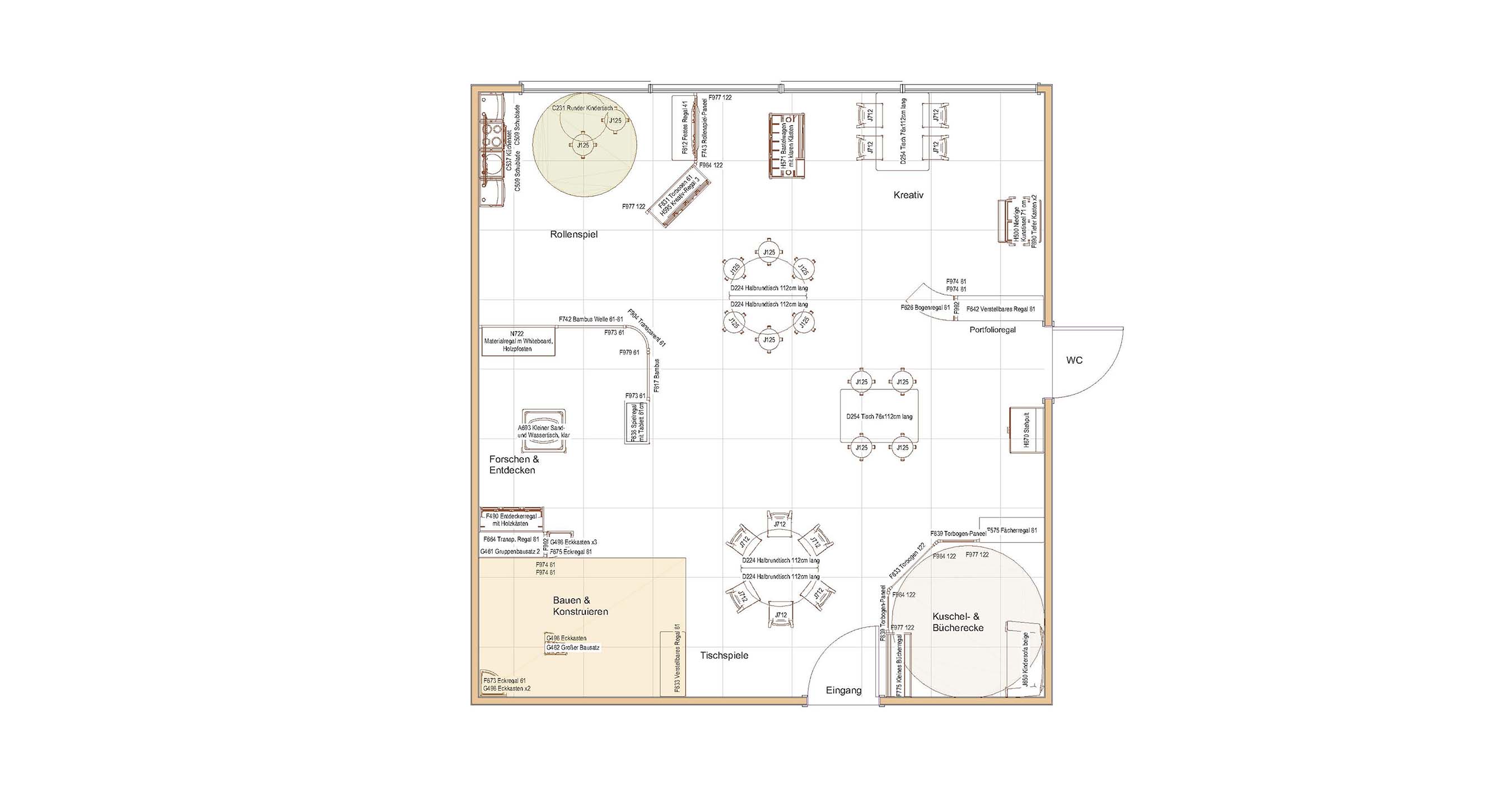 Zweidimensionale Ansicht eines Kindergartenraums mit flexiblem Raumgestaltungskonzept im Frühling