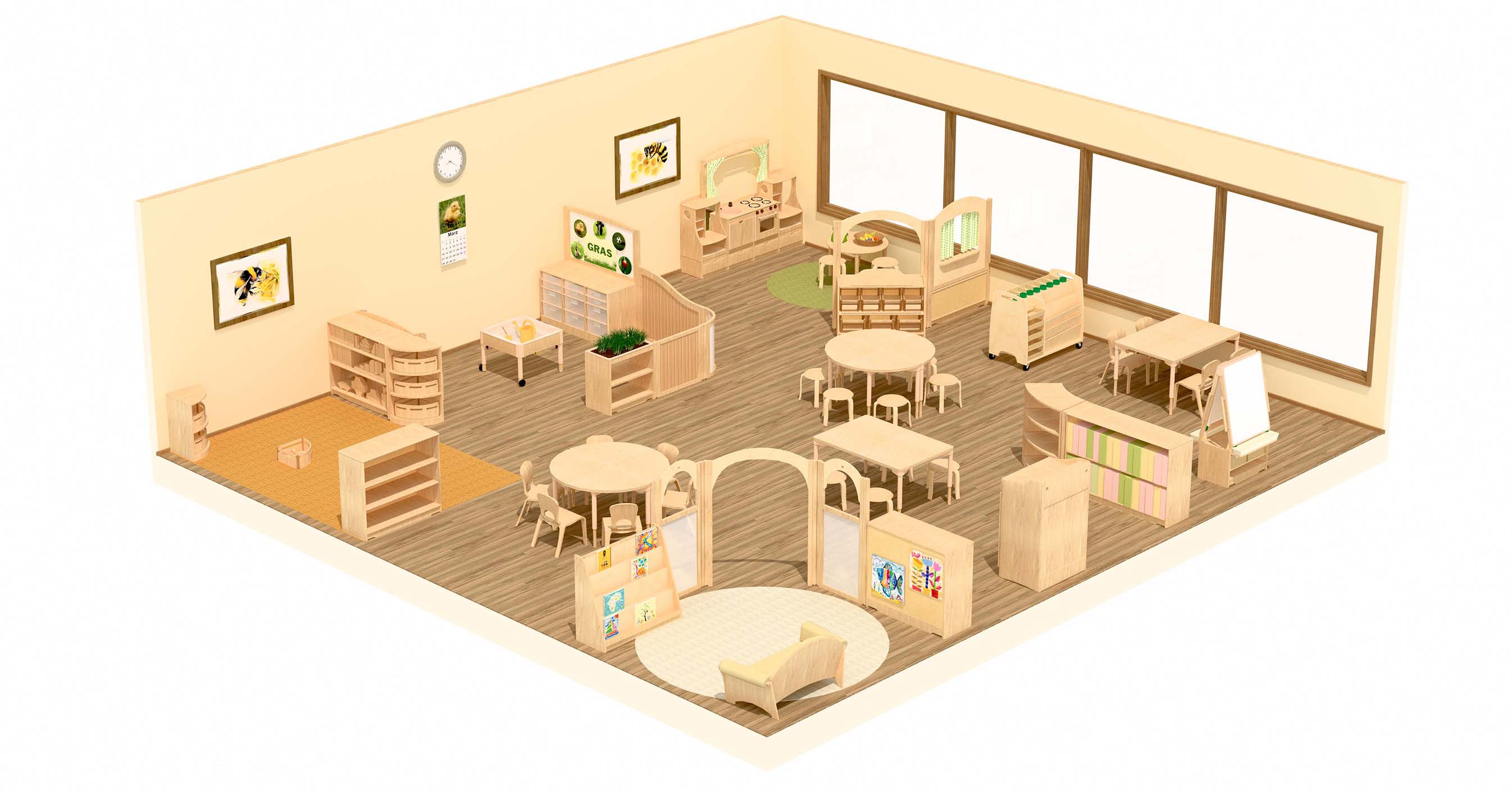 Dreidimensionale Ansicht eines Kindergartenraums mit flexiblem Raumgestaltungskonzept im Frühling