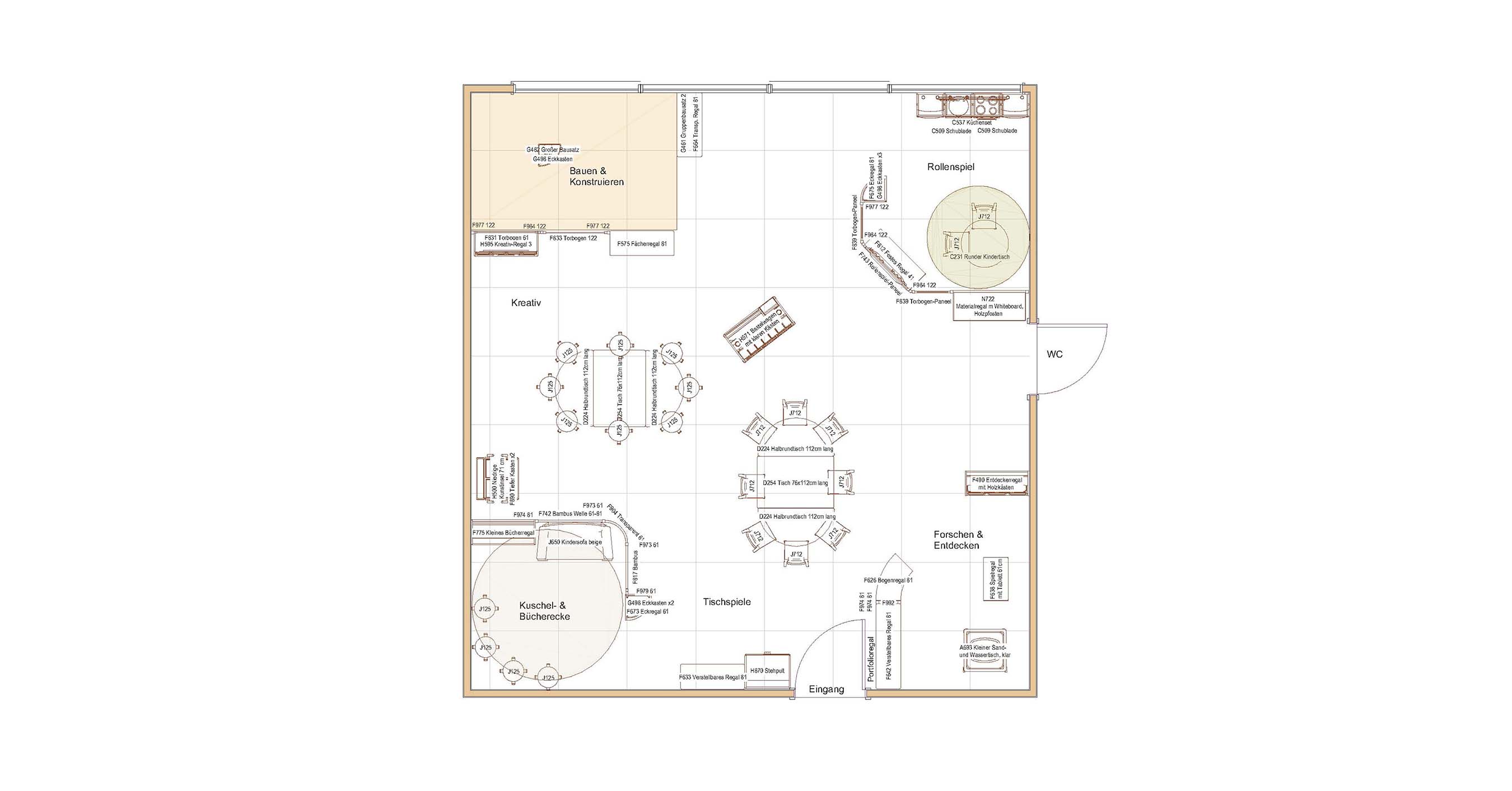 Zweidimensionale Ansicht eines Kindergartenraums mit flexiblem Raumgestaltungskonzept im Herbst