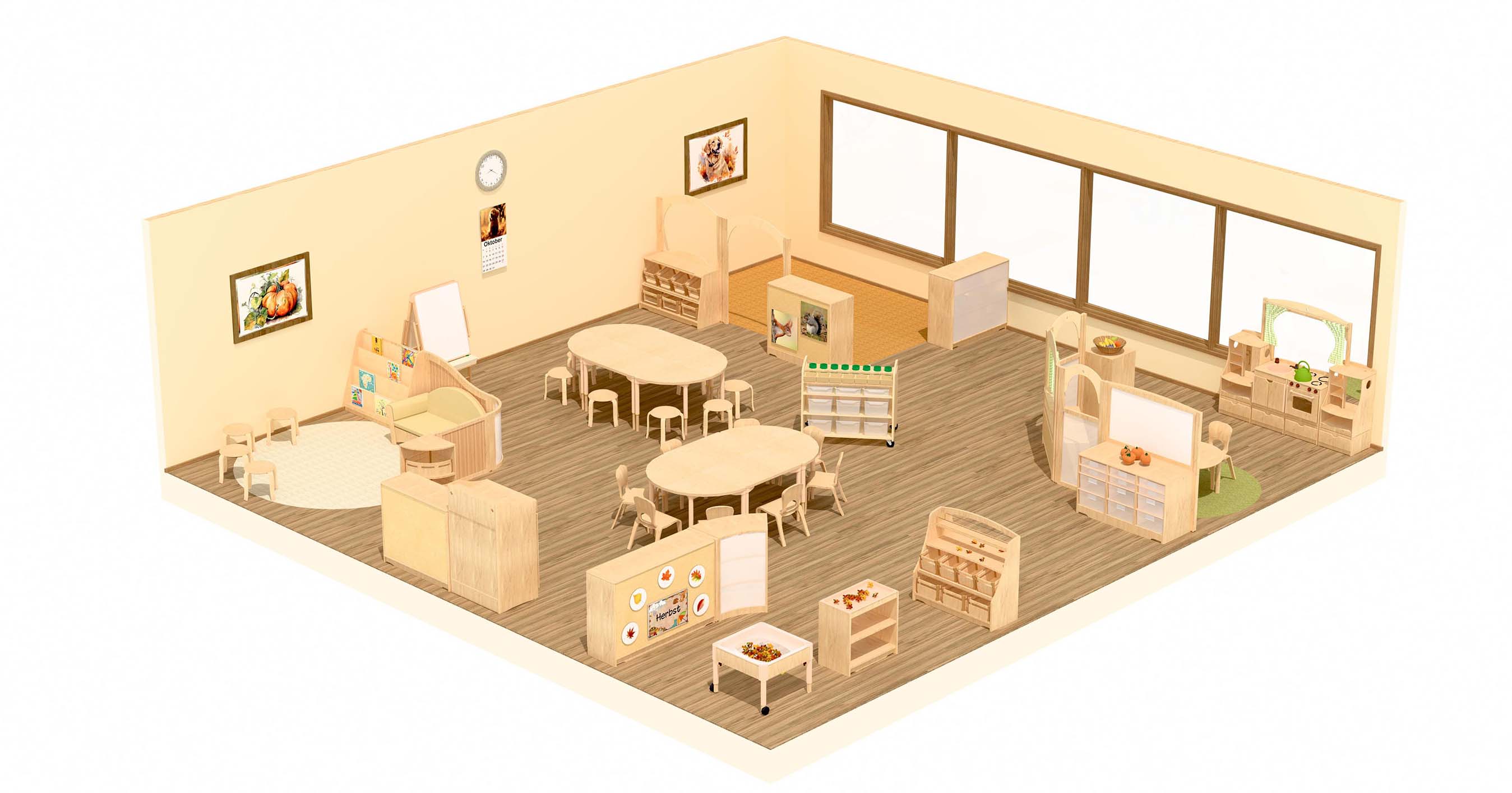 Dreidimensionale Ansicht eines Kindergartenraums mit flexiblem Raumgestaltungskonzept im Herbst