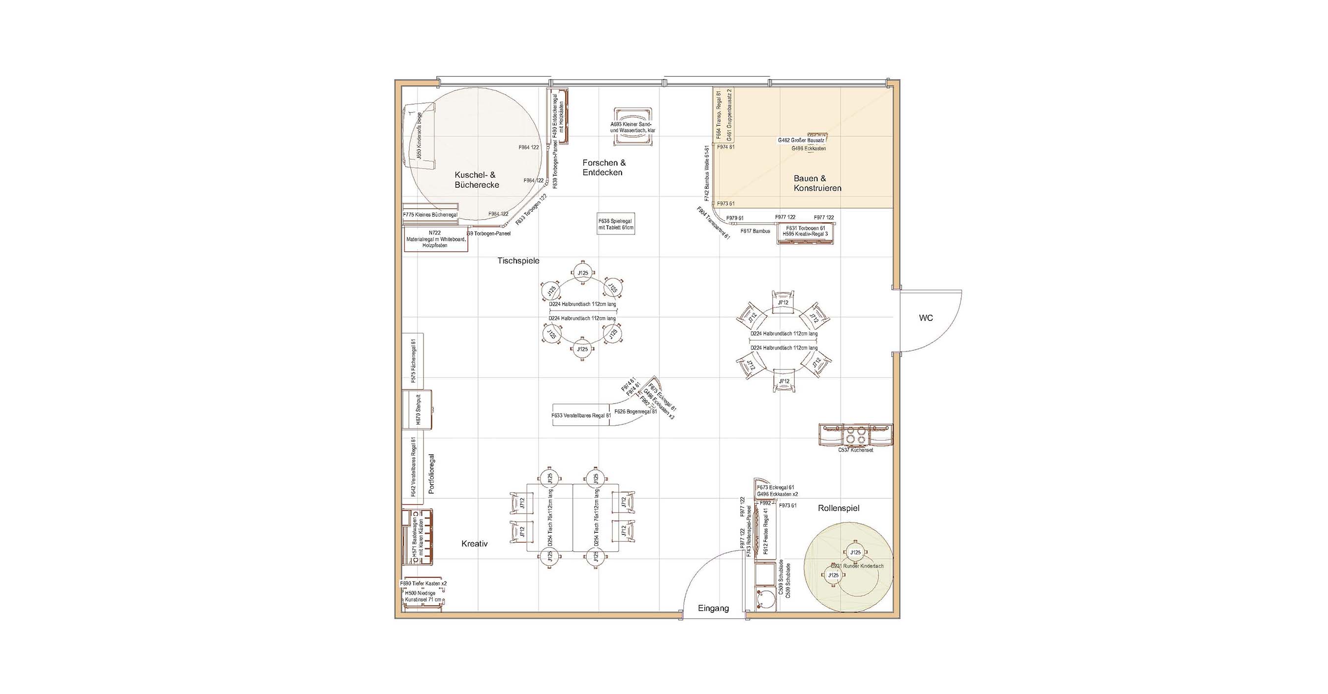 Zweidimensionale Ansicht eines Kindergartenraums mit flexiblem Raumgestaltungskonzept im Winter