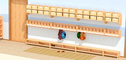 Desktop-Vorschaubild eines dreidimensionalen Raumplans eines kompakten Garderobenbereichs für Kinder