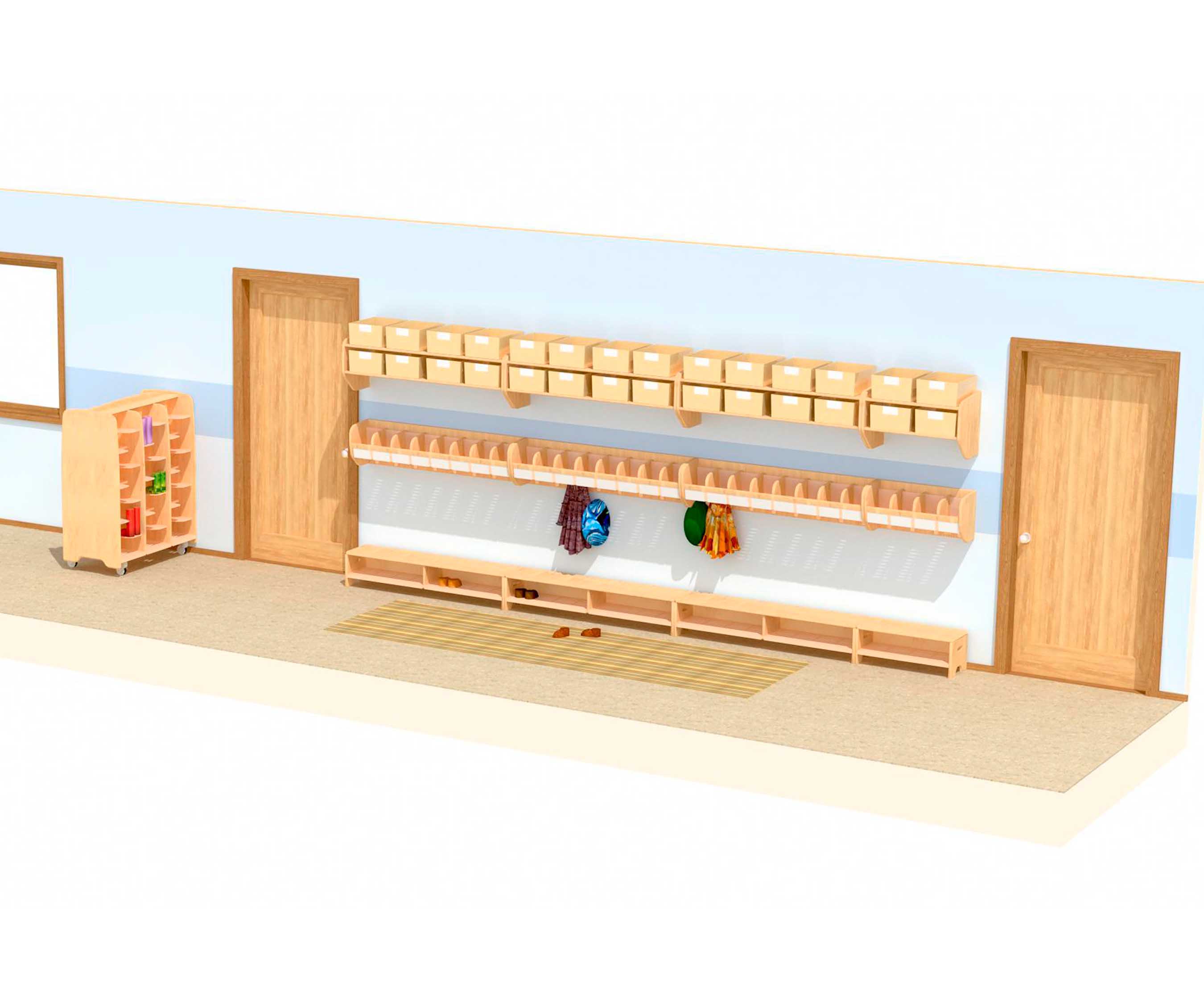Dreidimensionaler Raumplan eines kompakten Garderobenbereichs für Kinder