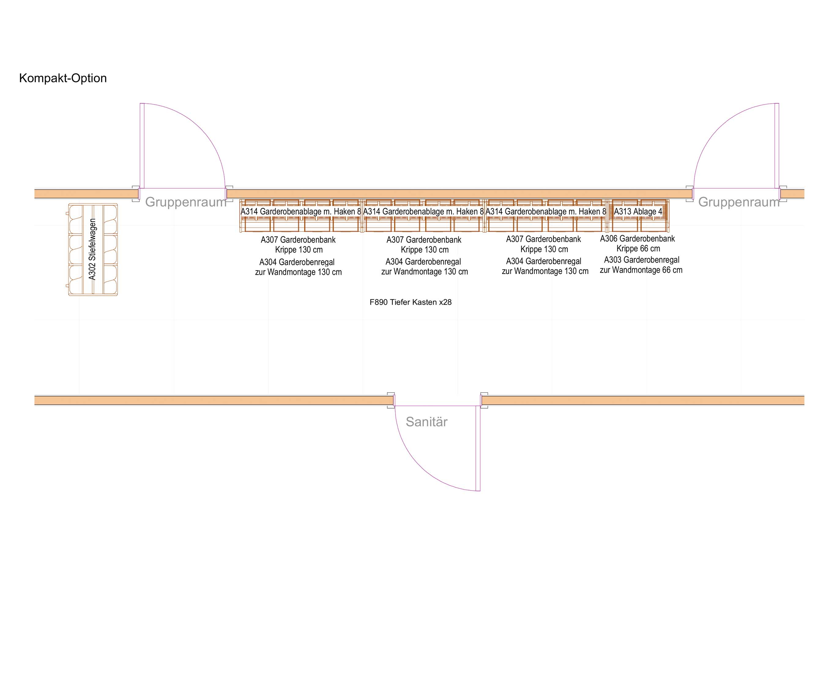 Zweidimensionaler Raumplan eines kompakten Garderobenbereichs für Kinder