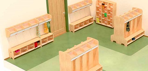 Desktop-Vorschaubild eines dreidimensionalen Raumplans eines großzügigen Garderobenbereichs für Kinder
