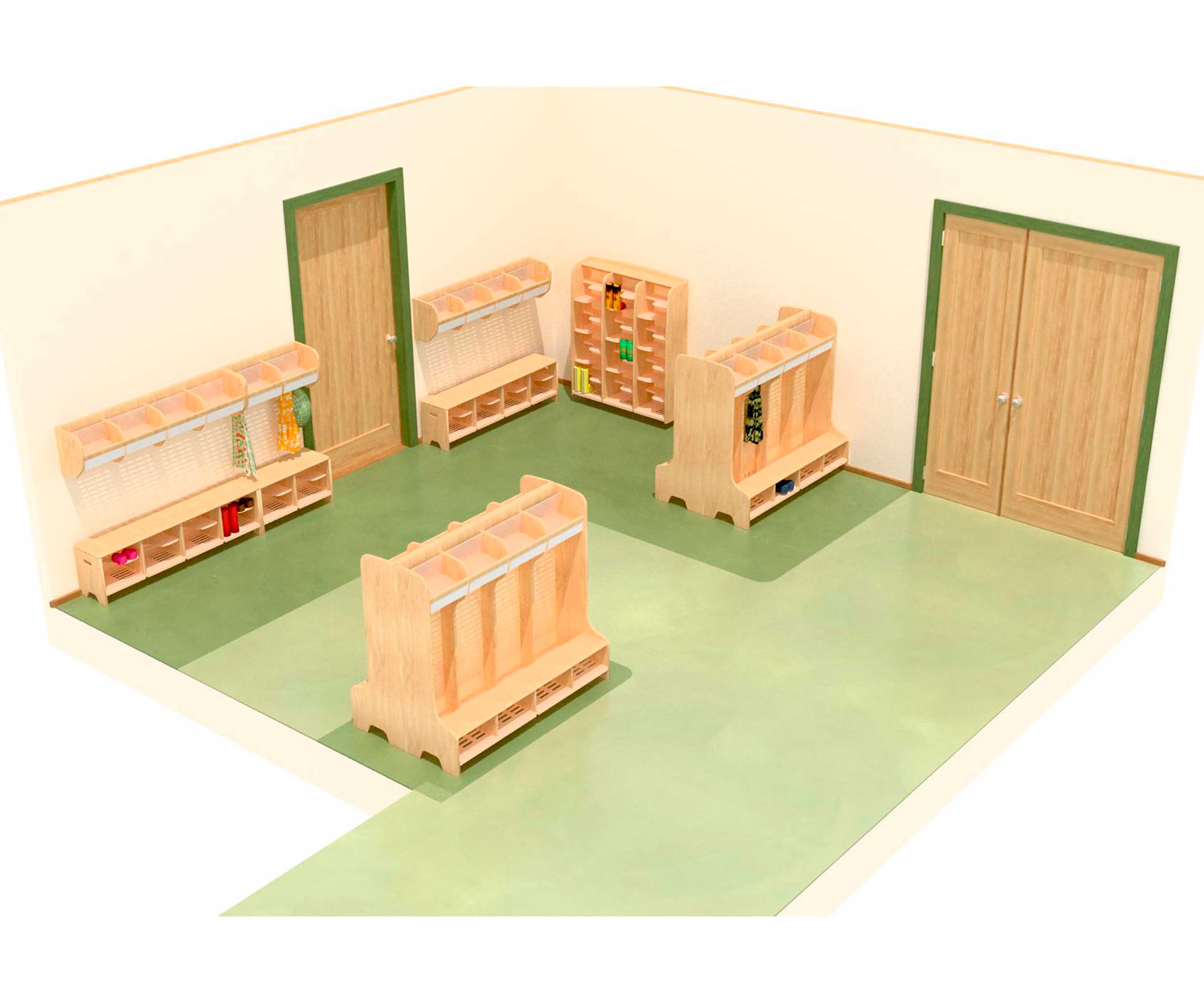 Dreidimensionaler Raumplan eines großzügigen Garderobenbereichs für Kinder