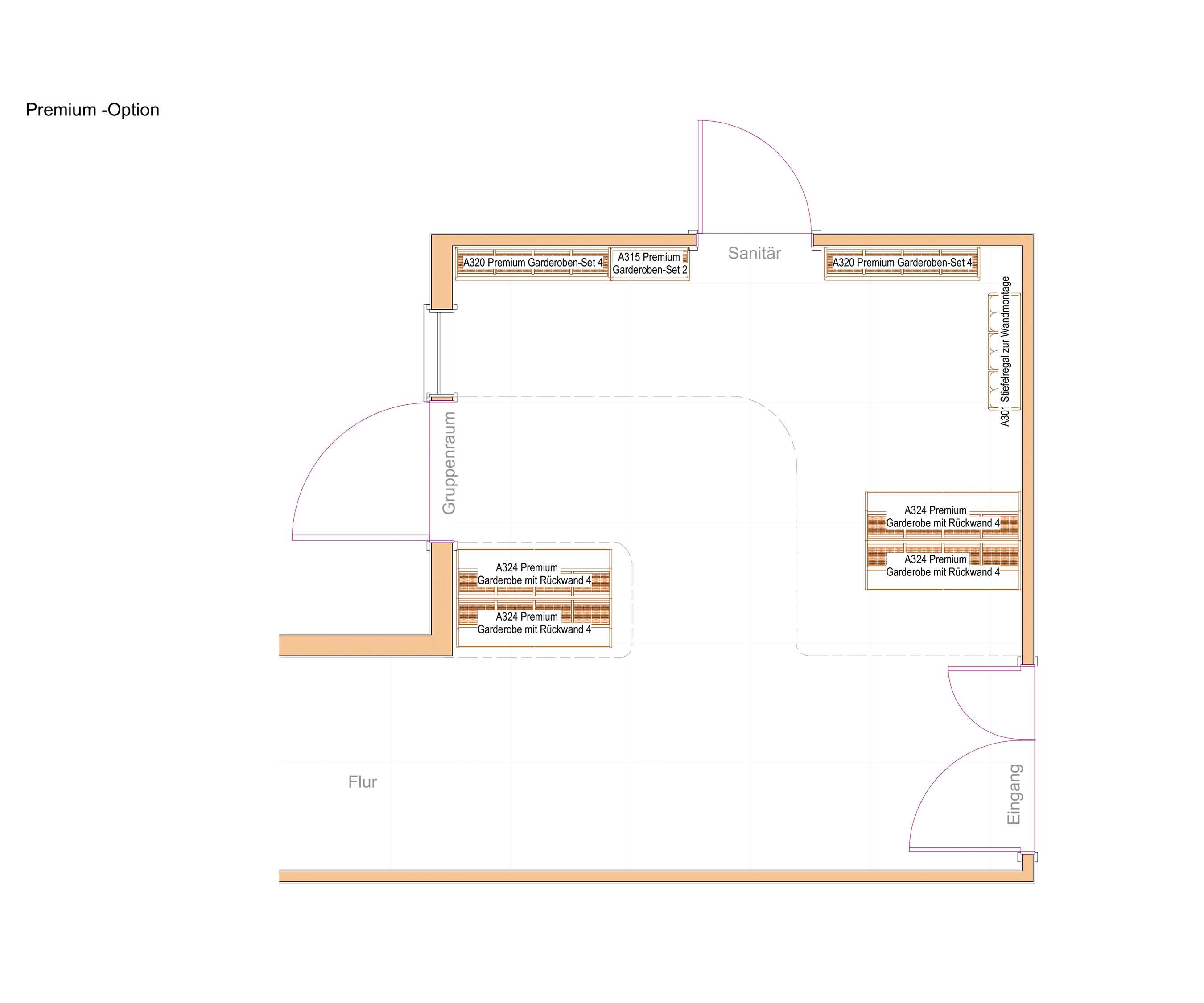Zweidimensionaler Raumplan eines großzügigen Garderobenbereichs für Kinder
