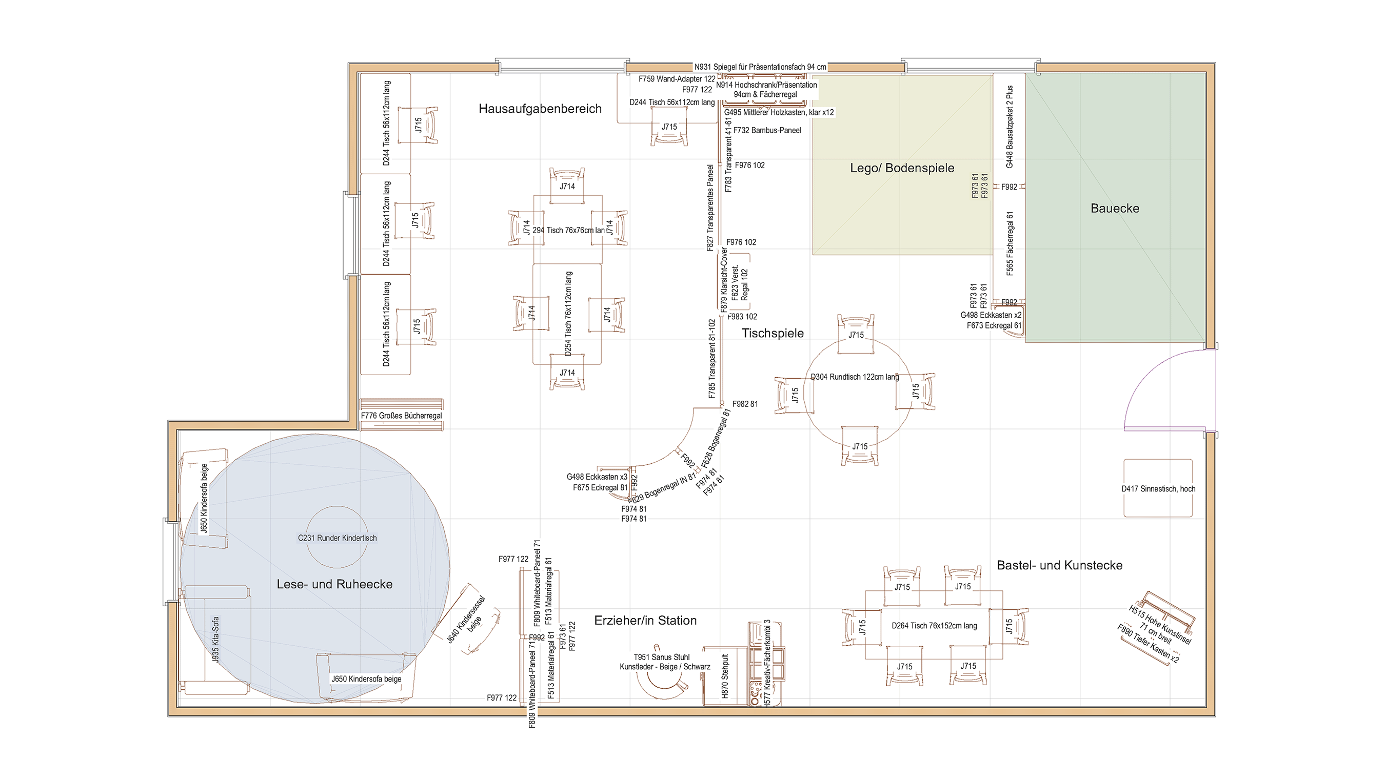 2D-Zeichnung eines Hortraums für 20 Kinder von 6 bis 11 Jahren