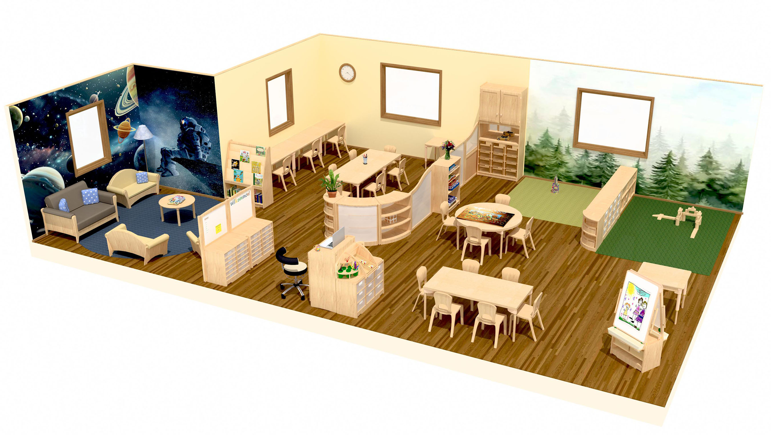 3D-Grafik eines Hortraums für 20 Kinder von 6 bis 11 Jahren