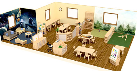 Vorschaubild: 3D-Grafik eines Hortraums für 20 Kinder von 6 bis 11 Jahren