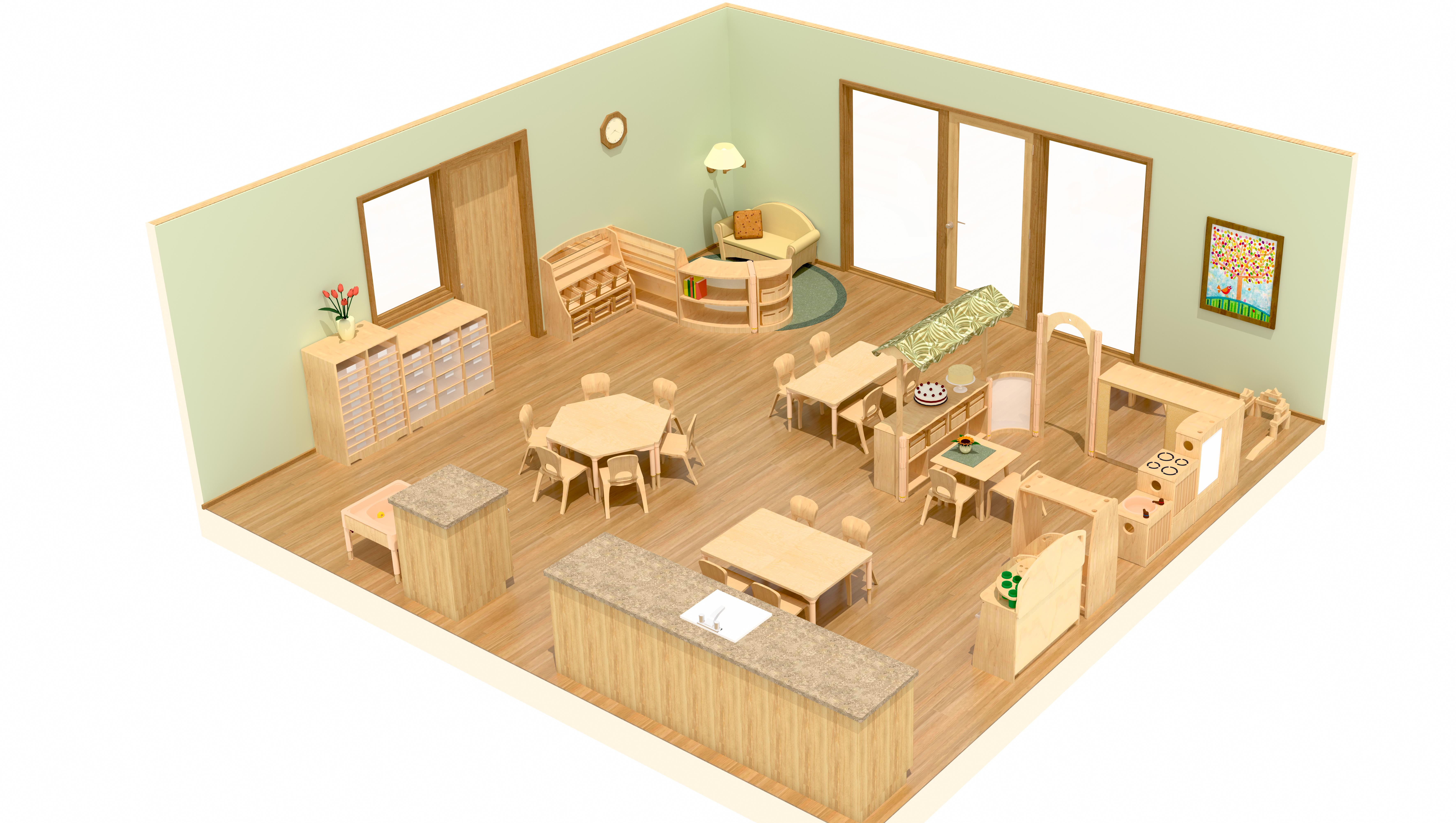 Dreidimensionaler Raumplan eines Kindergartenraums (A)