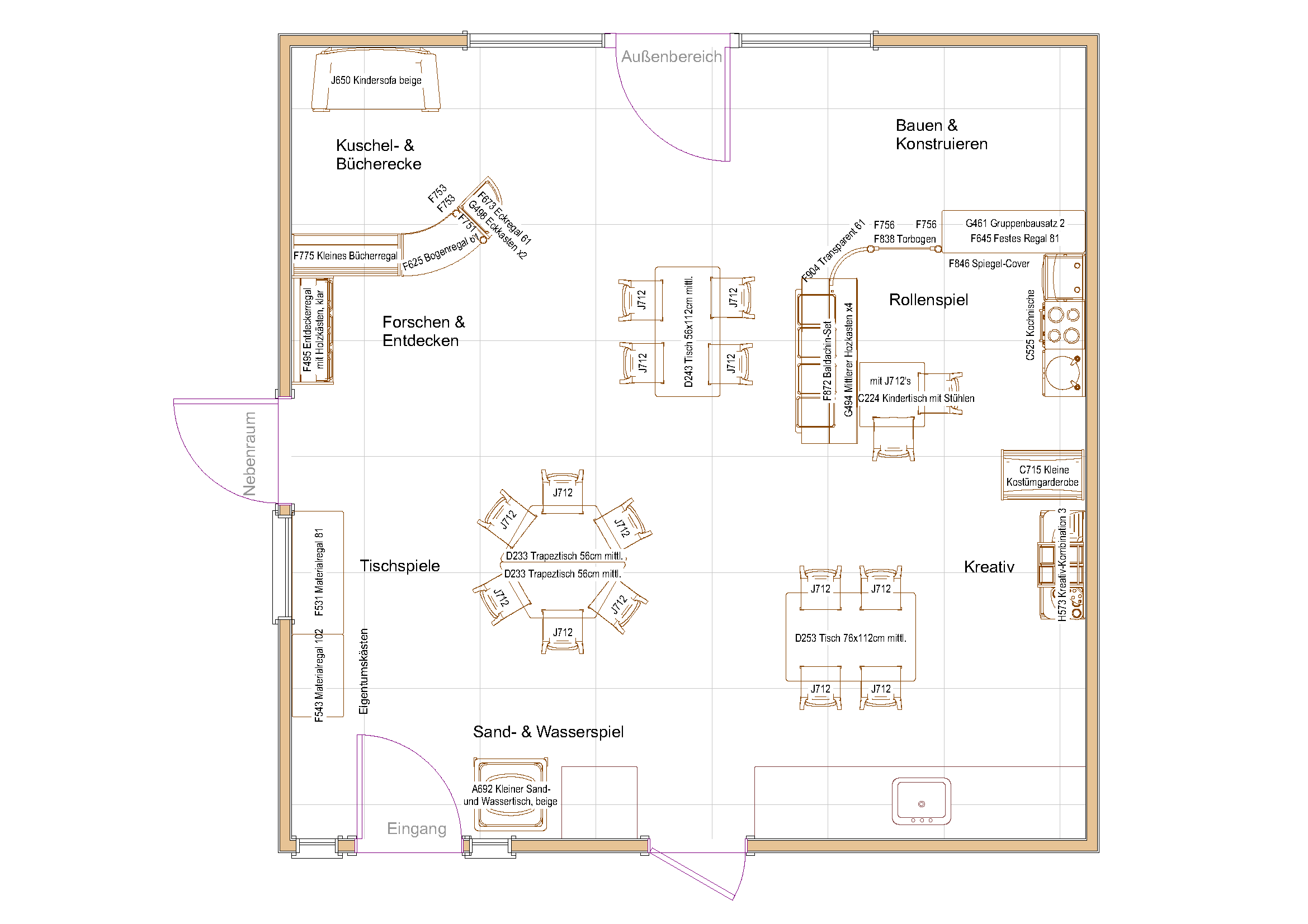 Zweidimensionaler Raumplan eines Kindergartenraums (A)