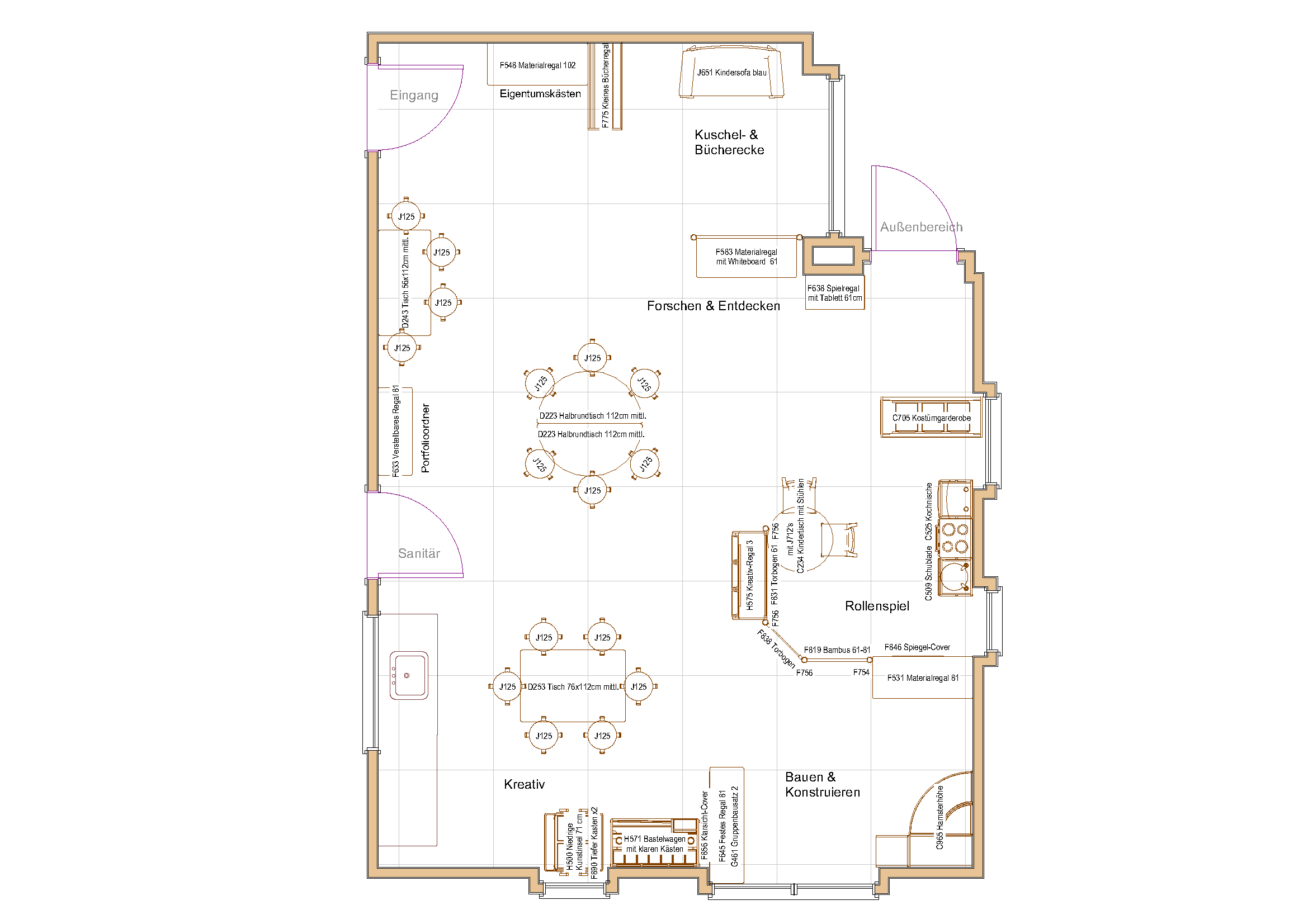 Zweidimensionaler Raumplan eines Kindergartenraums (B)