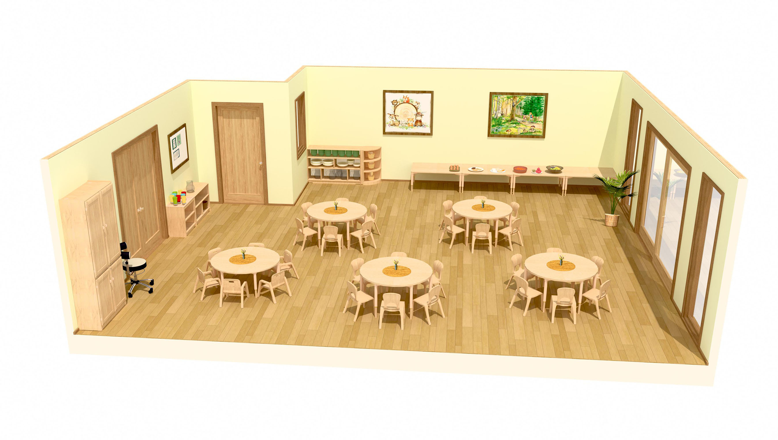 3D-Grafik eines Kinderrestaurants in einer Kita