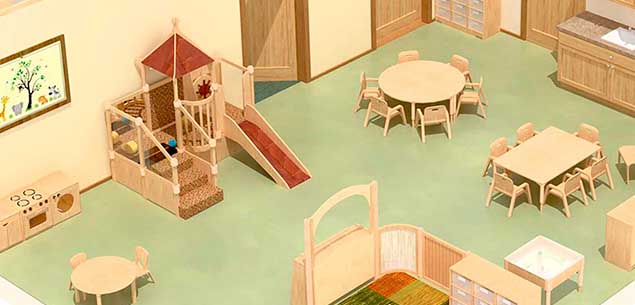 Desktop-Vorschaubild eines dreidimensionalen Raumplans eines Krippenraums mit Nebenraum (A)