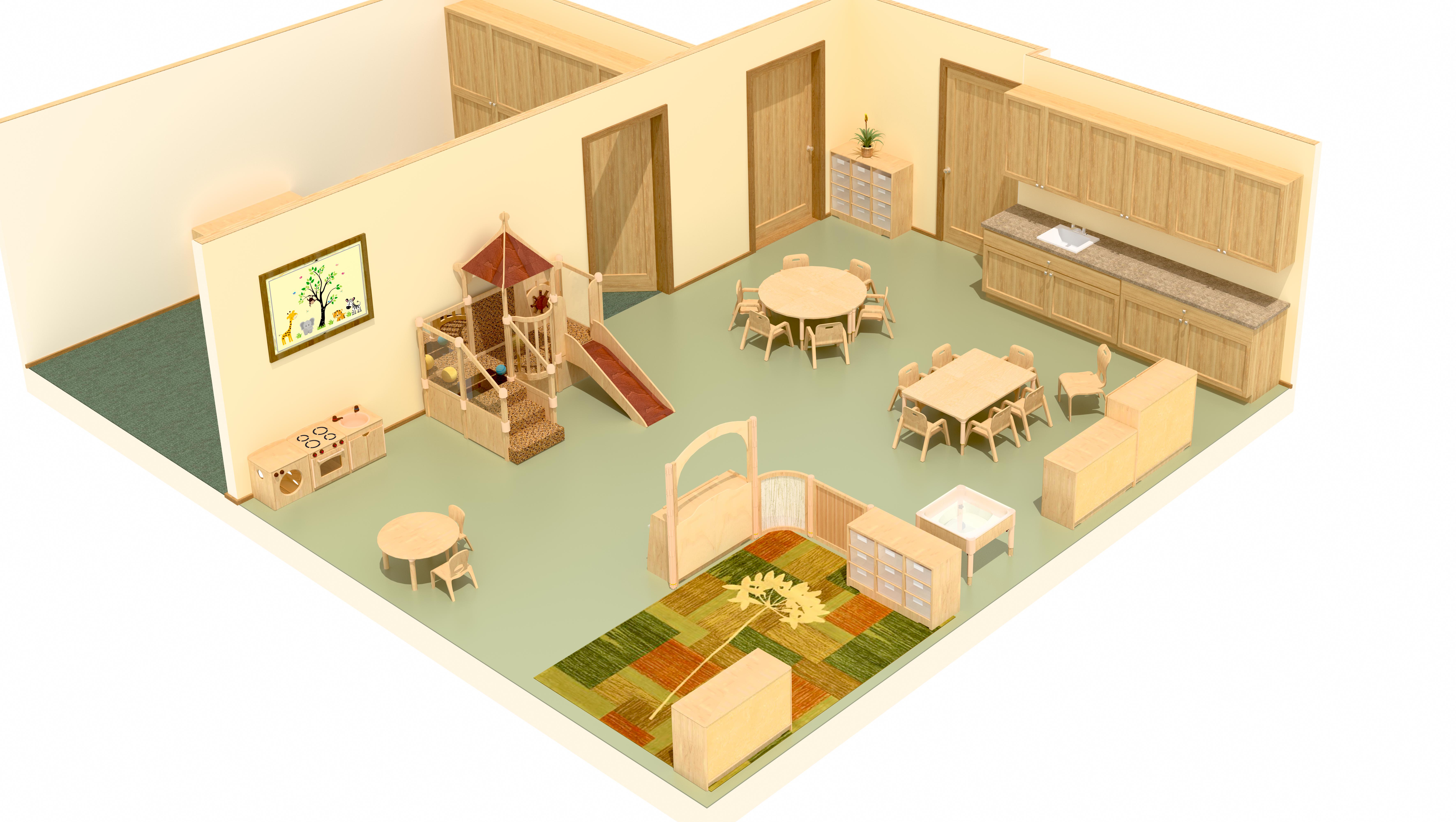 Dreidimensionaler Raumplan eines Krippenraums mit Nebenraum (A)