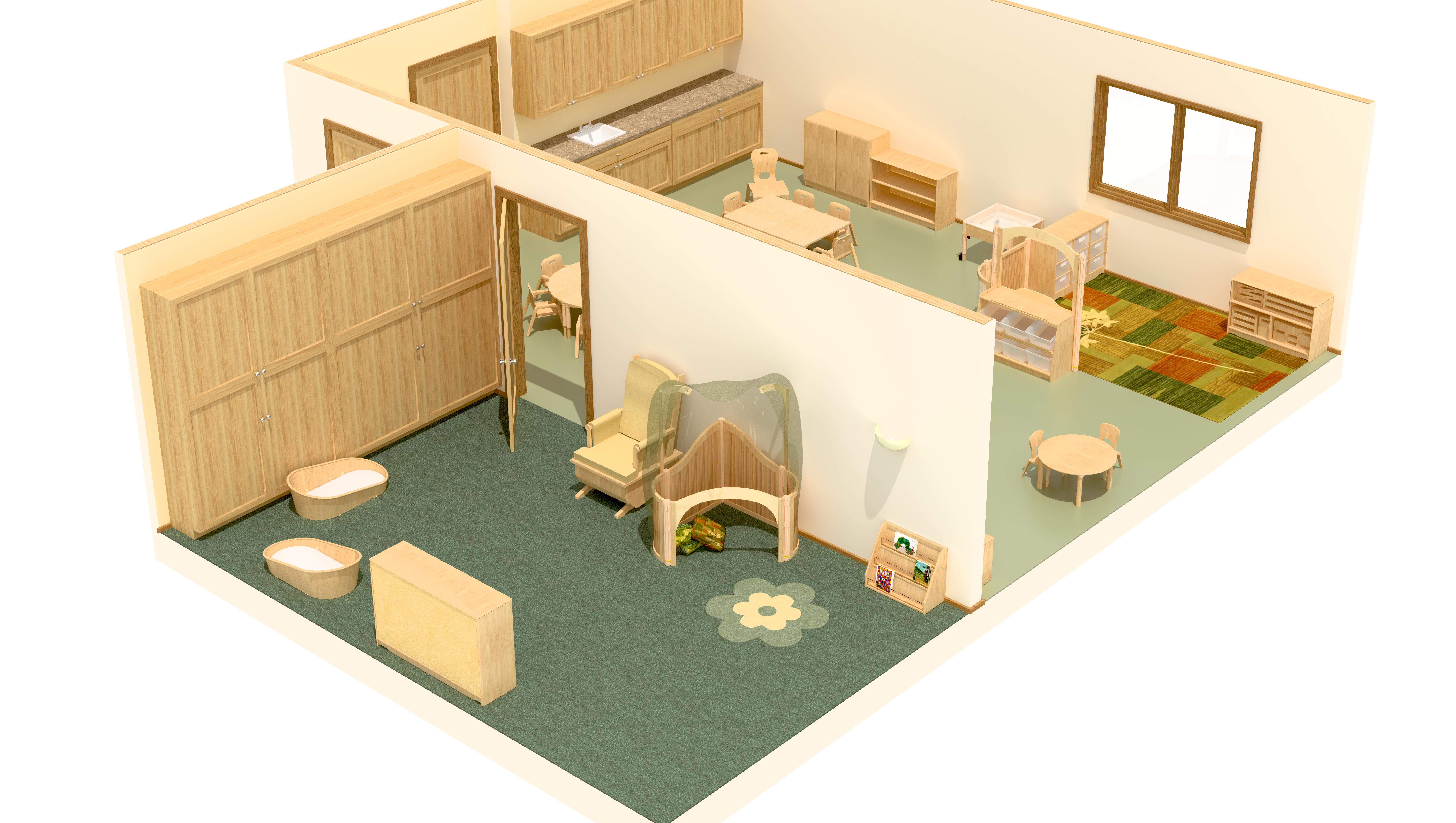 Dreidimensionaler Raumplan des Nebenraums eines Krippenraums (A)